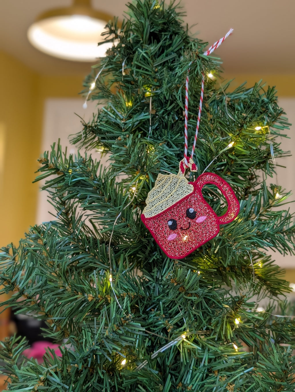 Embroidered Hot Chocolate Ornament, Cute Kawaii Cocoa Mug Tree Decor, Candy Cane Coffee Bauble