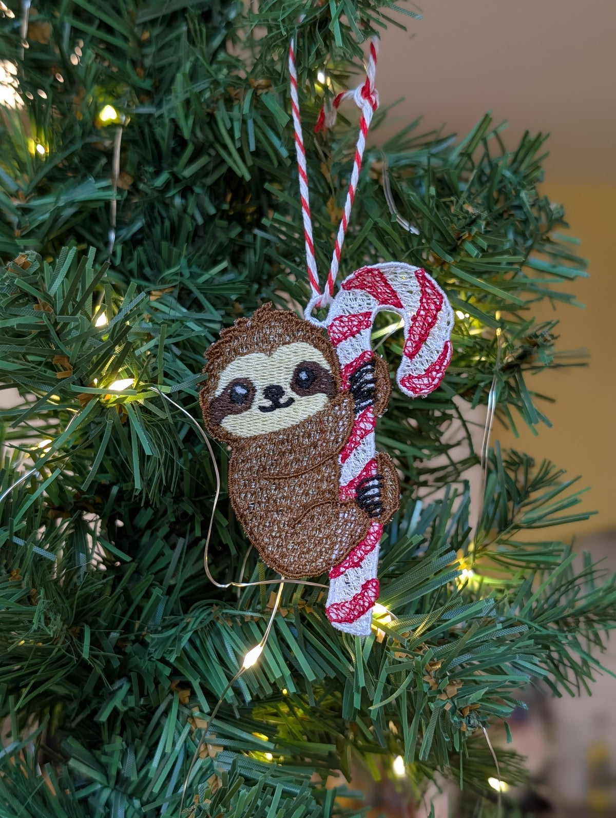 Embroidered Sloth Christmas Ornament, Candy Cane Sloth Bauble, Cute Animal Tree Decoration, Freestanding Lace Keepsake