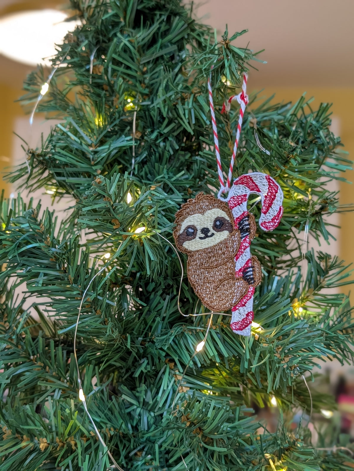 Embroidered Sloth Christmas Ornament, Candy Cane Sloth Bauble, Cute Animal Tree Decoration, Freestanding Lace Keepsake