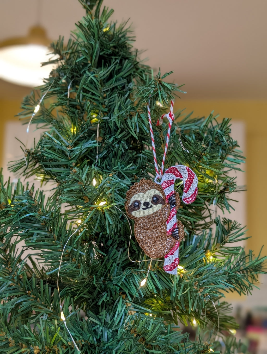 Embroidered Sloth Christmas Ornament, Candy Cane Sloth Bauble, Cute Animal Tree Decoration, Freestanding Lace Keepsake