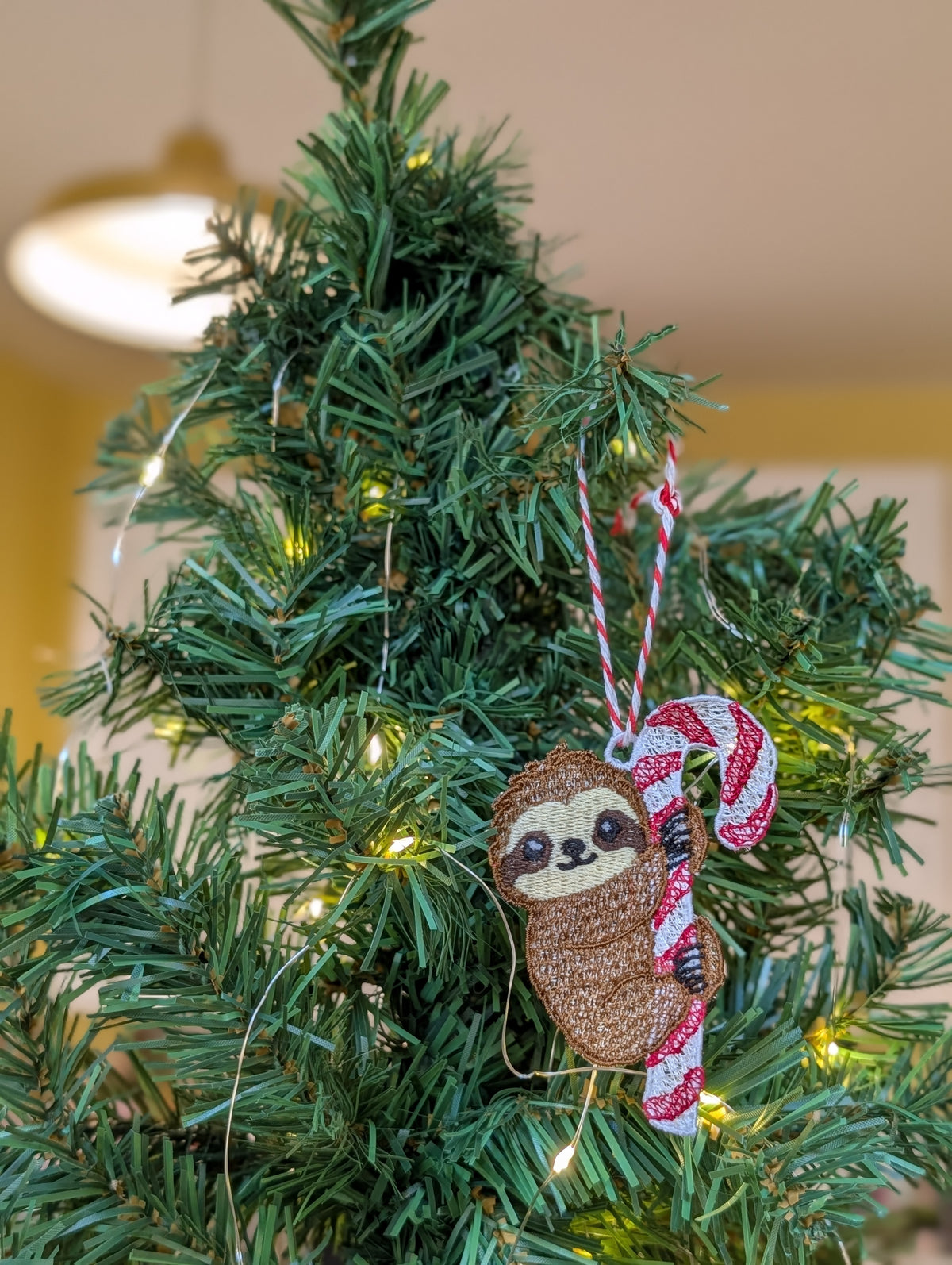 Embroidered Sloth Christmas Ornament, Candy Cane Sloth Bauble, Cute Animal Tree Decoration, Freestanding Lace Keepsake