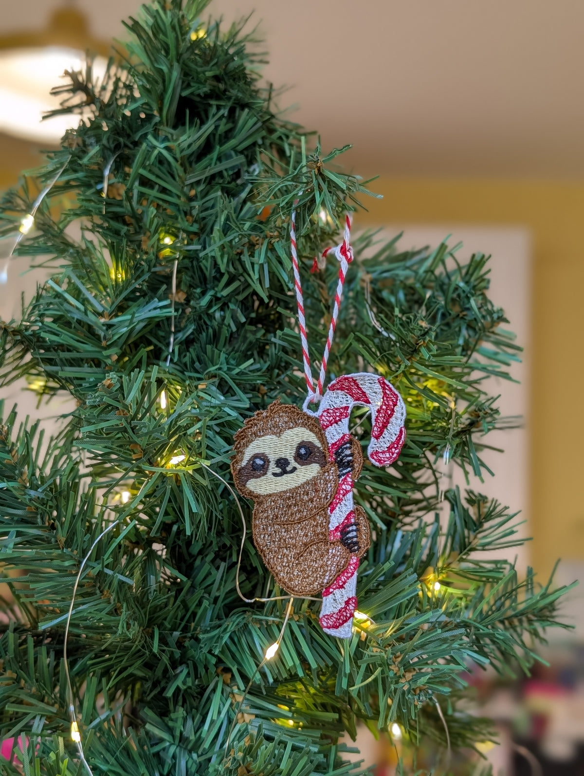 Embroidered Sloth Christmas Ornament, Candy Cane Sloth Bauble, Cute Animal Tree Decoration, Freestanding Lace Keepsake