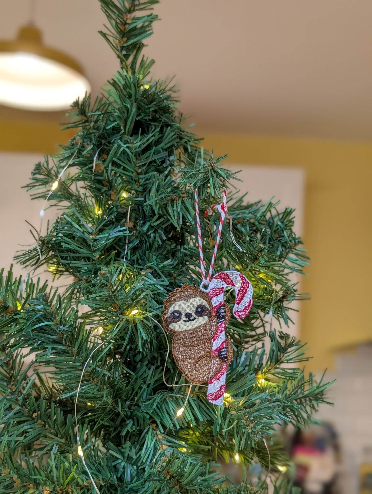Embroidered Sloth Christmas Ornament, Candy Cane Sloth Bauble, Cute Animal Tree Decoration, Freestanding Lace Keepsake