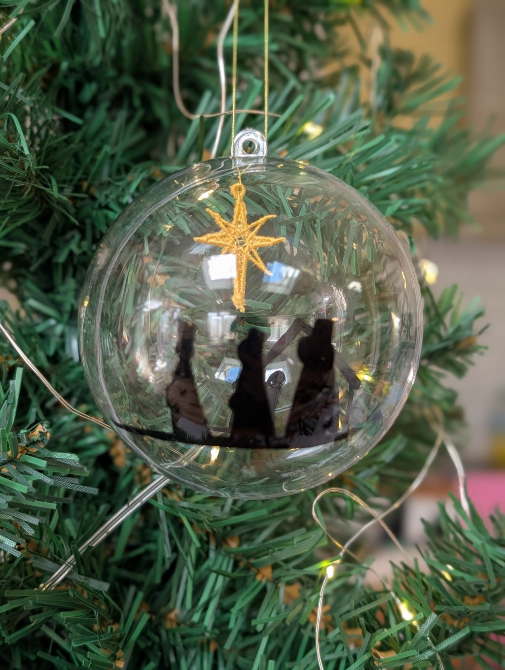 Hand painted Nativity Bauble Christmas Ornament, Holy Family & Wise Men Silhouette, Embroidered Gold Star of Bethlehem,