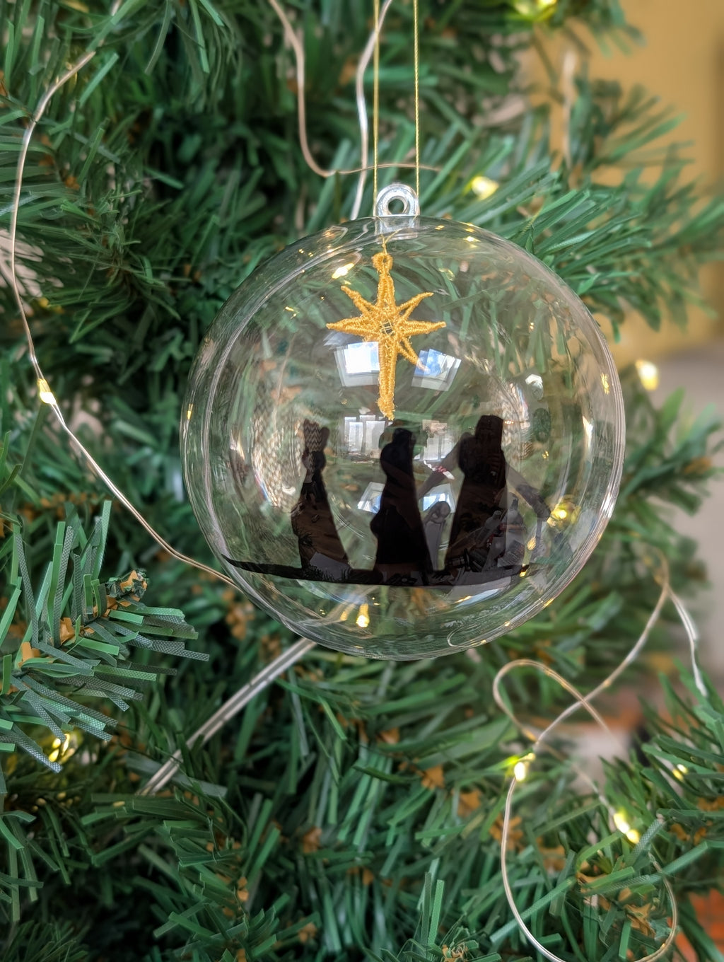 Hand painted Nativity Bauble Christmas Ornament, Holy Family & Wise Men Silhouette, Embroidered Gold Star of Bethlehem,