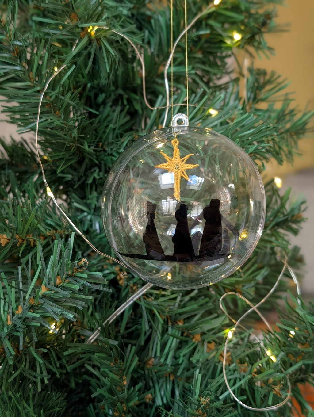 Hand painted Nativity Bauble Christmas Ornament, Holy Family & Wise Men Silhouette, Embroidered Gold Star of Bethlehem,