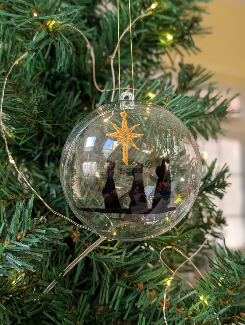 Hand painted Nativity Bauble Christmas Ornament, Holy Family & Wise Men Silhouette, Embroidered Gold Star of Bethlehem,