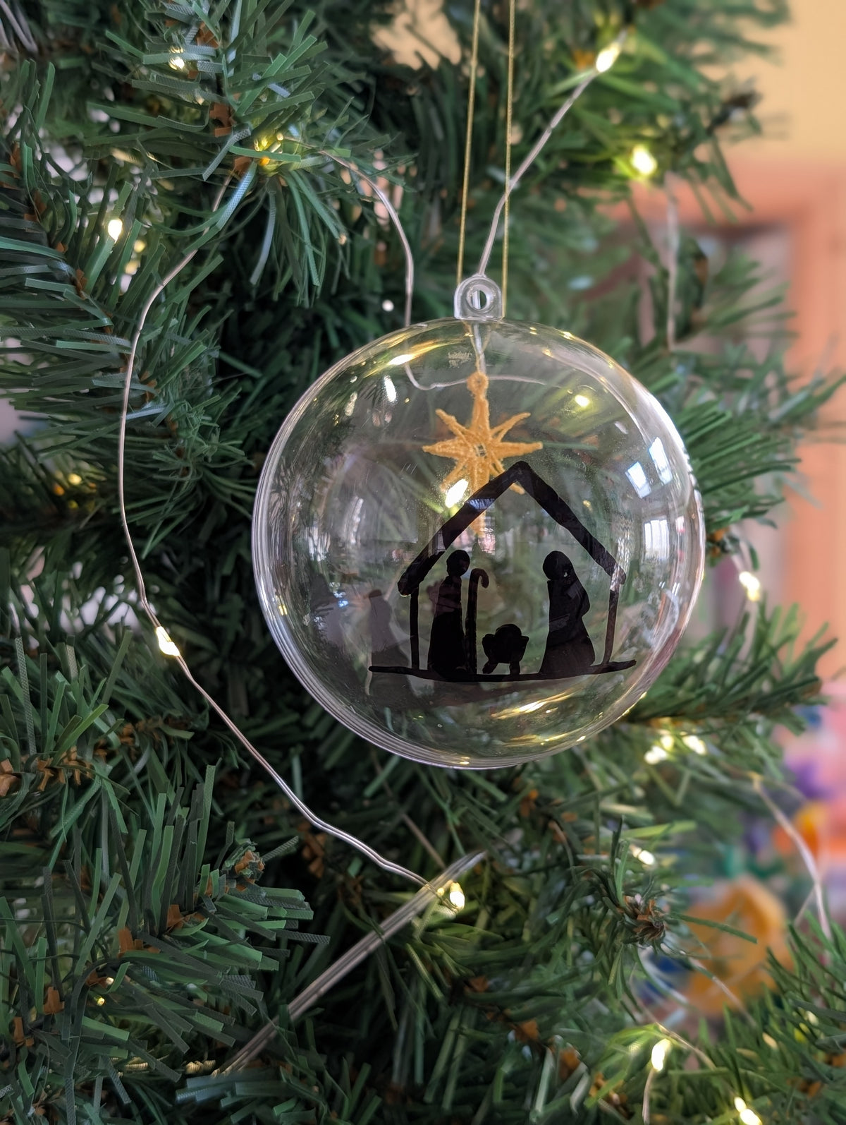 Hand painted Nativity Bauble Christmas Ornament, Holy Family & Wise Men Silhouette, Embroidered Gold Star of Bethlehem,