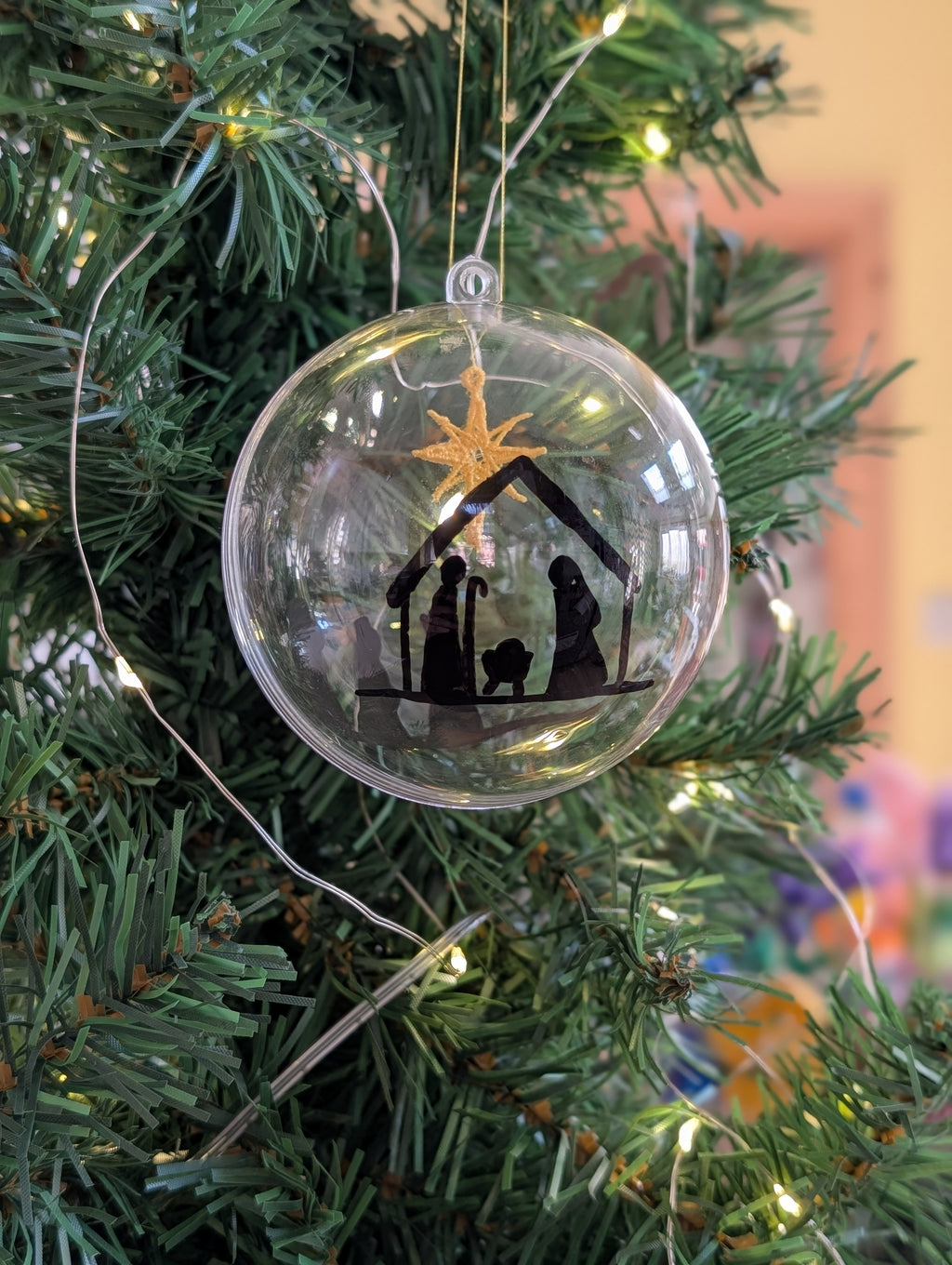 Hand painted Nativity Bauble Christmas Ornament, Holy Family & Wise Men Silhouette, Embroidered Gold Star of Bethlehem,
