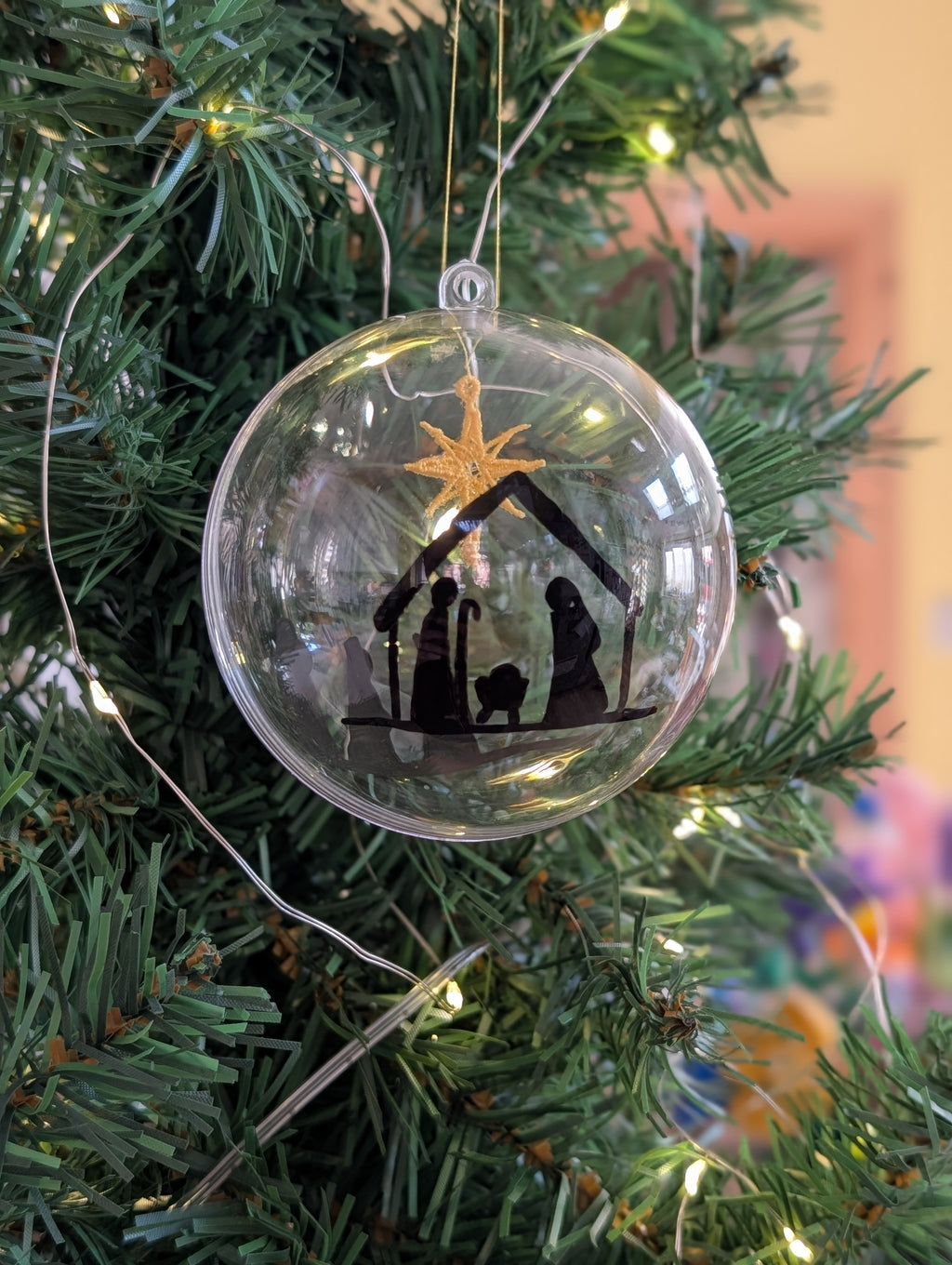 Hand painted Nativity Bauble Christmas Ornament, Holy Family & Wise Men Silhouette, Embroidered Gold Star of Bethlehem,