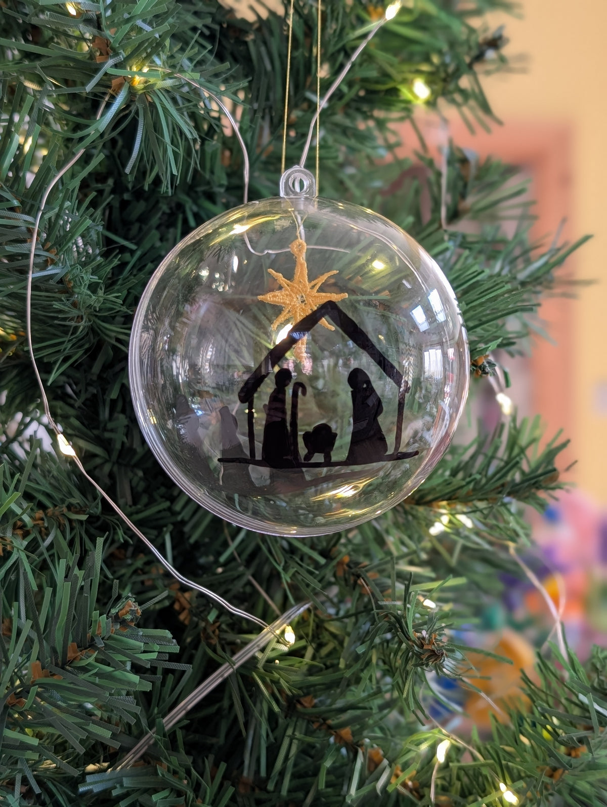 Hand painted Nativity Bauble Christmas Ornament, Holy Family & Wise Men Silhouette, Embroidered Gold Star of Bethlehem,