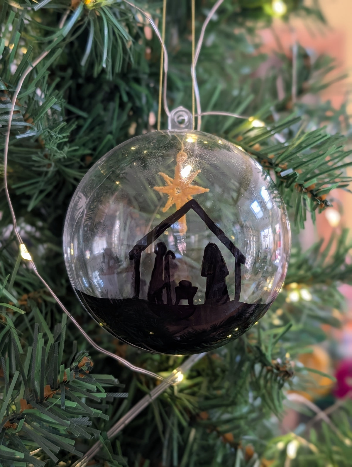Hand painted Nativity Bauble Christmas Ornament, Holy Family & Wise Men Silhouette, Embroidered Gold Star of Bethlehem,