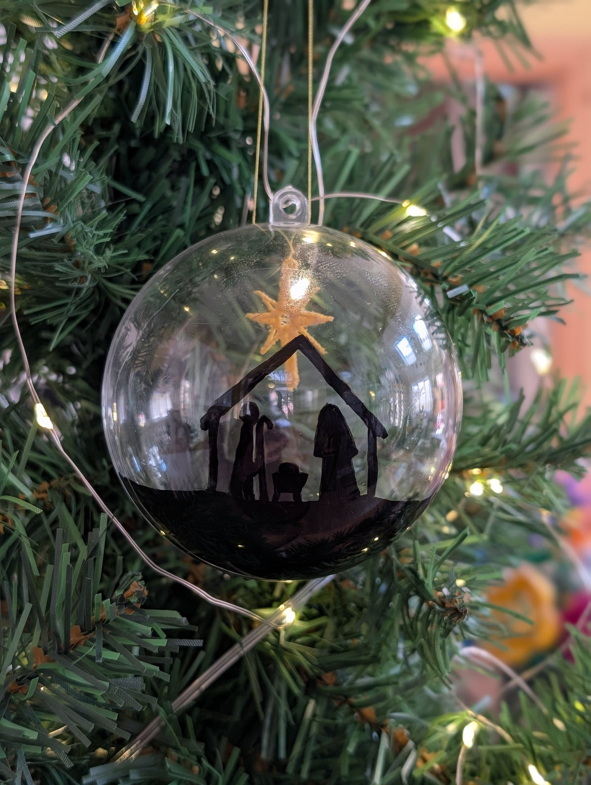 Hand painted Nativity Bauble Christmas Ornament, Holy Family & Wise Men Silhouette, Embroidered Gold Star of Bethlehem,