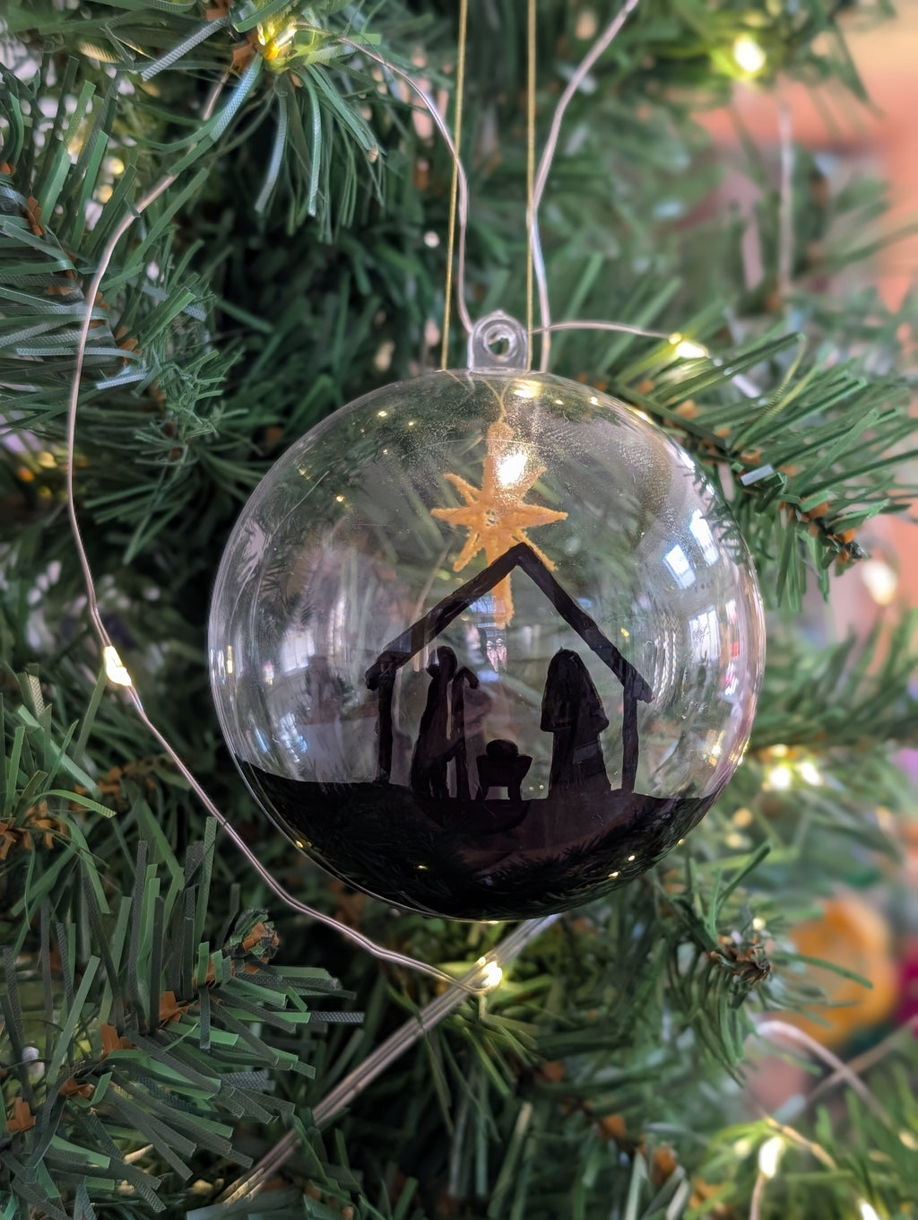 Hand painted Nativity Bauble Christmas Ornament, Holy Family & Wise Men Silhouette, Embroidered Gold Star of Bethlehem,