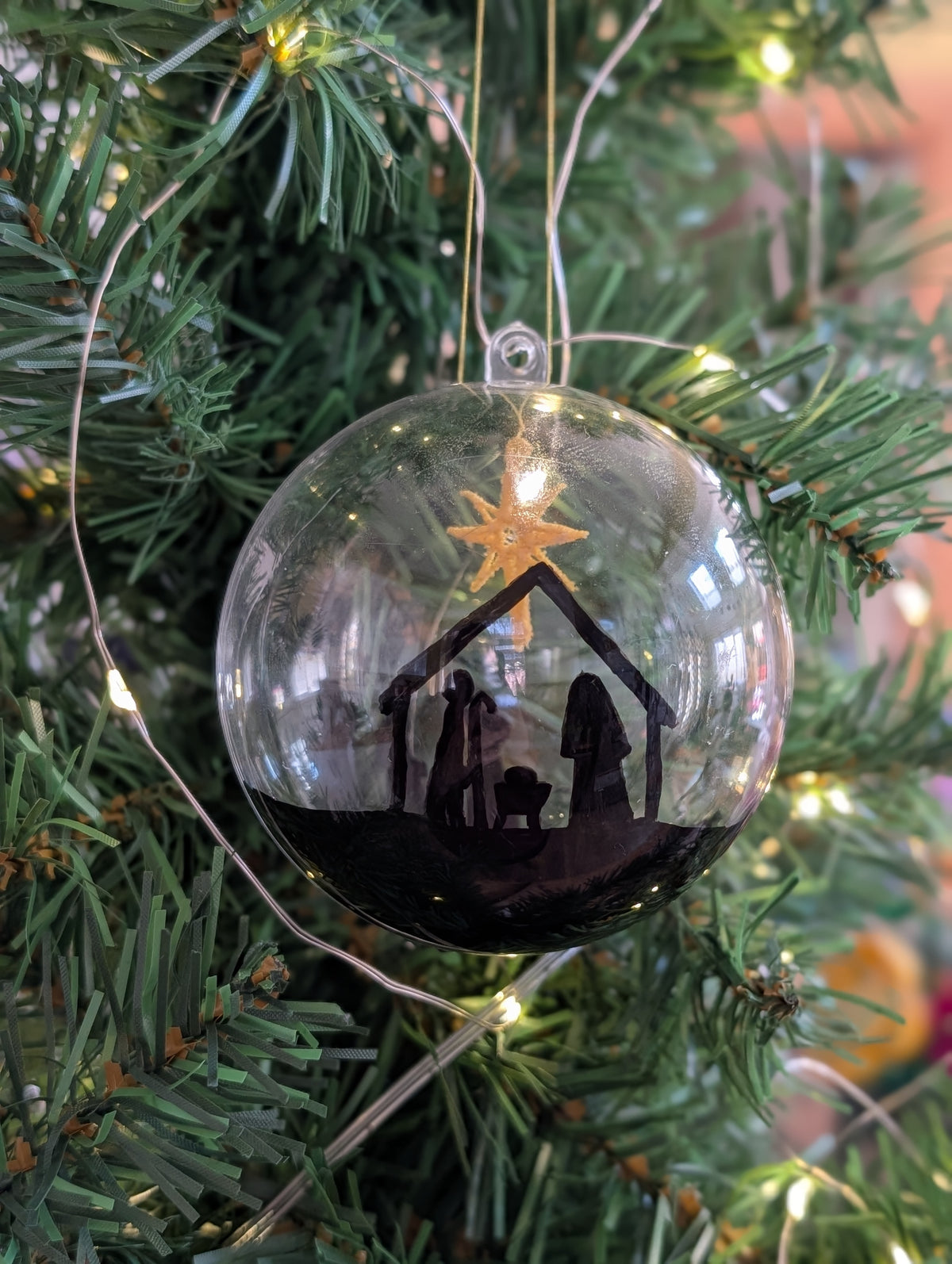 Hand painted Nativity Bauble Christmas Ornament, Holy Family & Wise Men Silhouette, Embroidered Gold Star of Bethlehem,