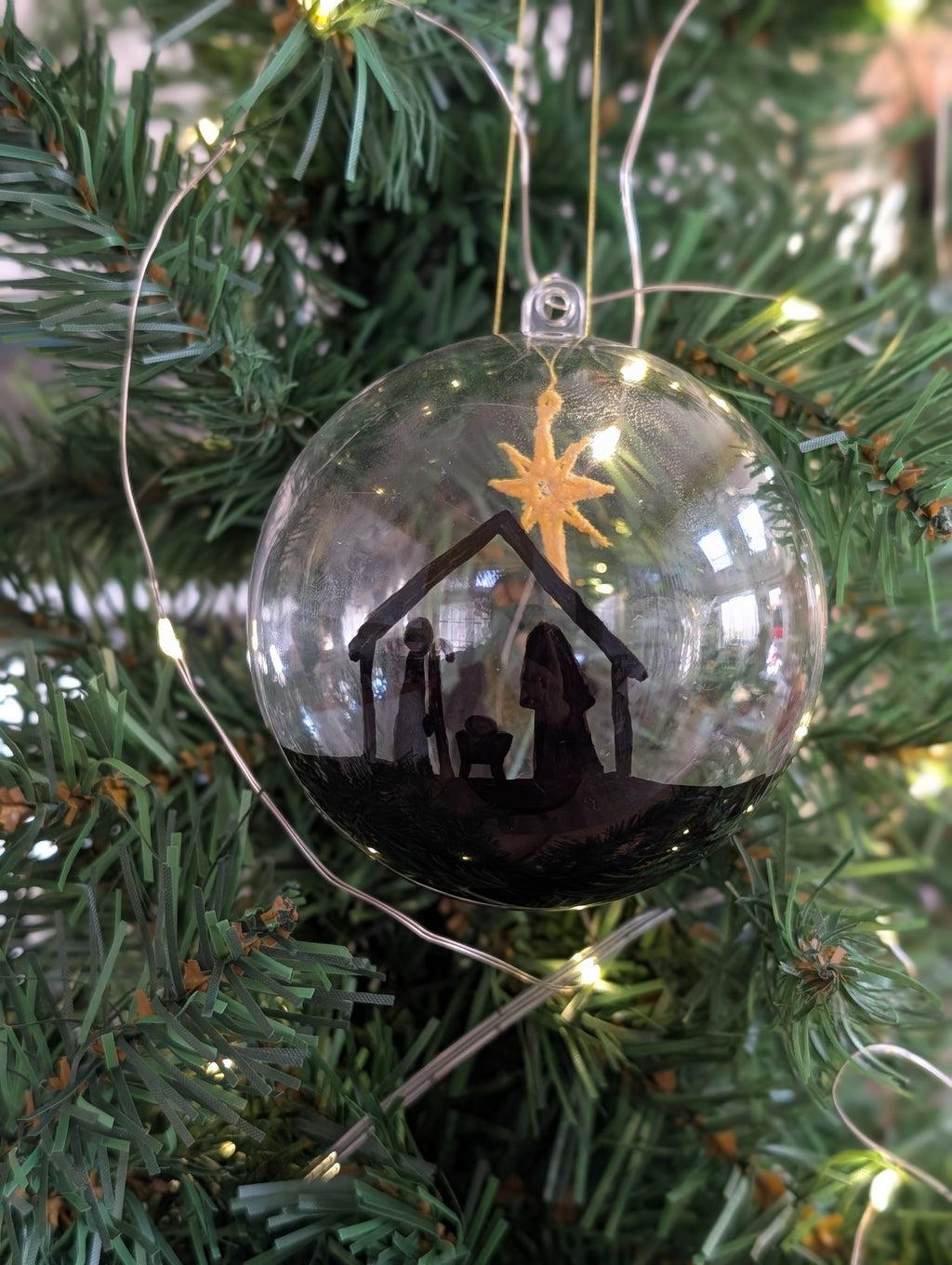 Hand painted Nativity Bauble Christmas Ornament, Holy Family & Wise Men Silhouette, Embroidered Gold Star of Bethlehem,