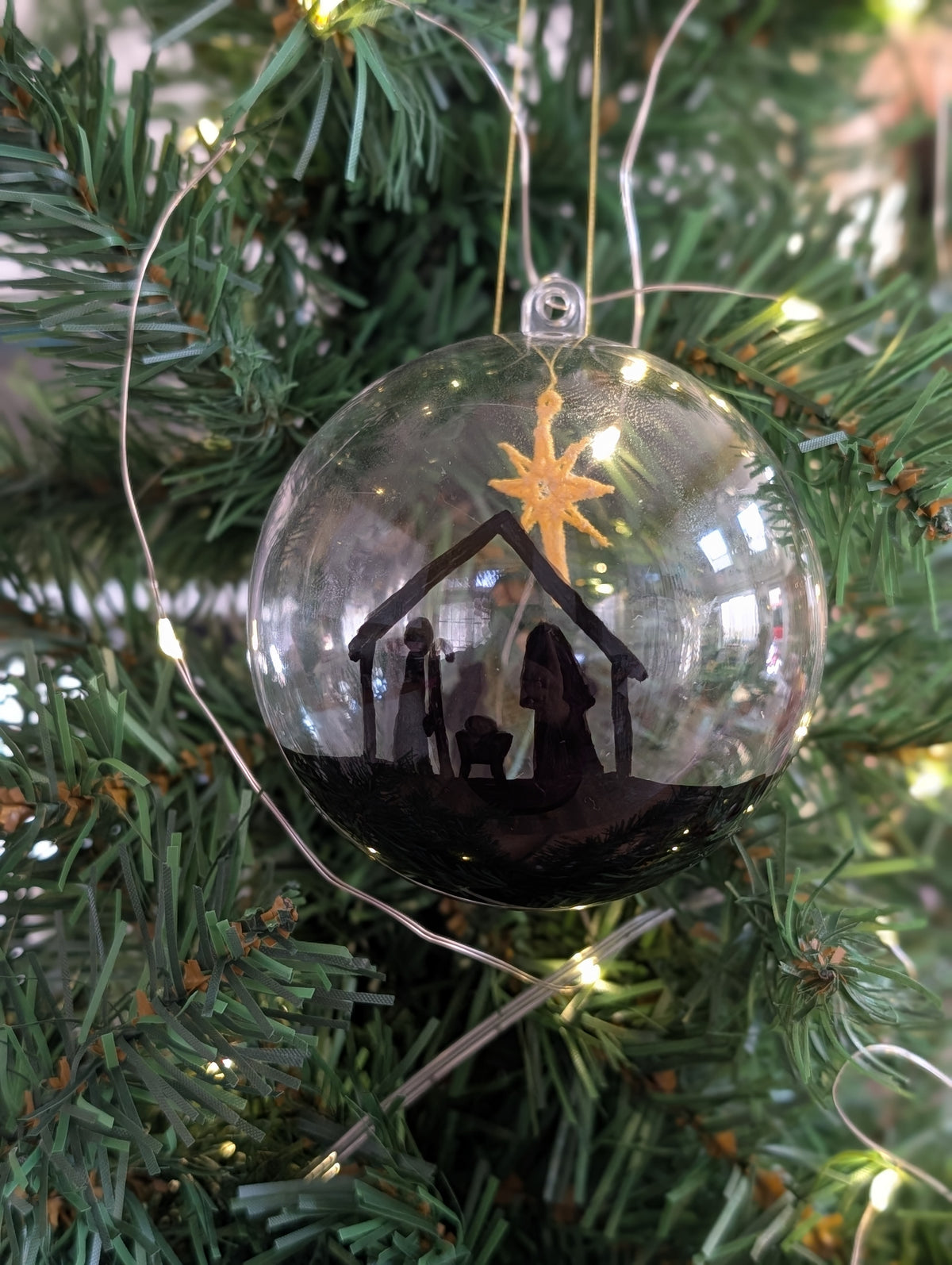 Hand painted Nativity Bauble Christmas Ornament, Holy Family & Wise Men Silhouette, Embroidered Gold Star of Bethlehem,