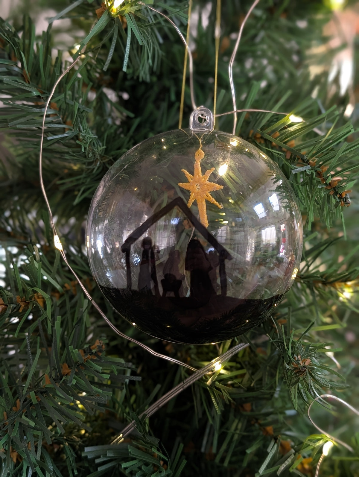 Hand painted Nativity Bauble Christmas Ornament, Holy Family & Wise Men Silhouette, Embroidered Gold Star of Bethlehem,