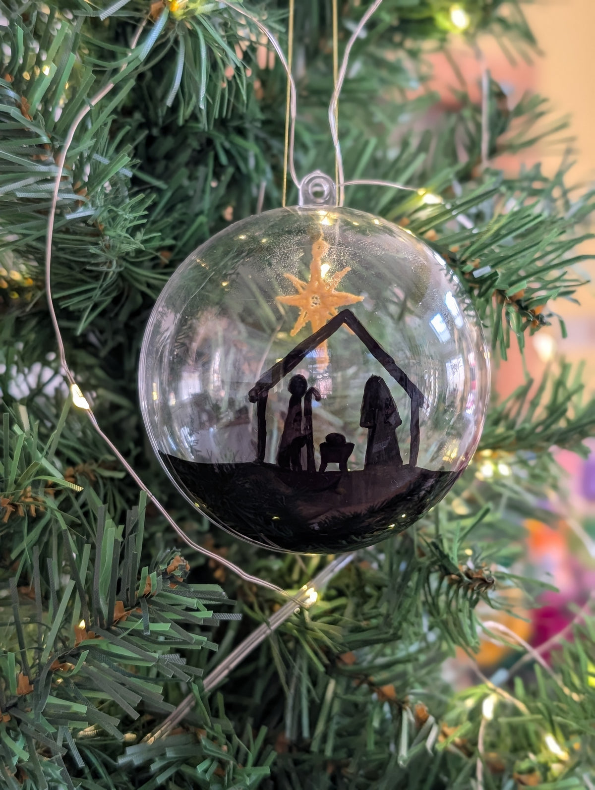 Hand painted Nativity Bauble Christmas Ornament, Holy Family & Wise Men Silhouette, Embroidered Gold Star of Bethlehem,