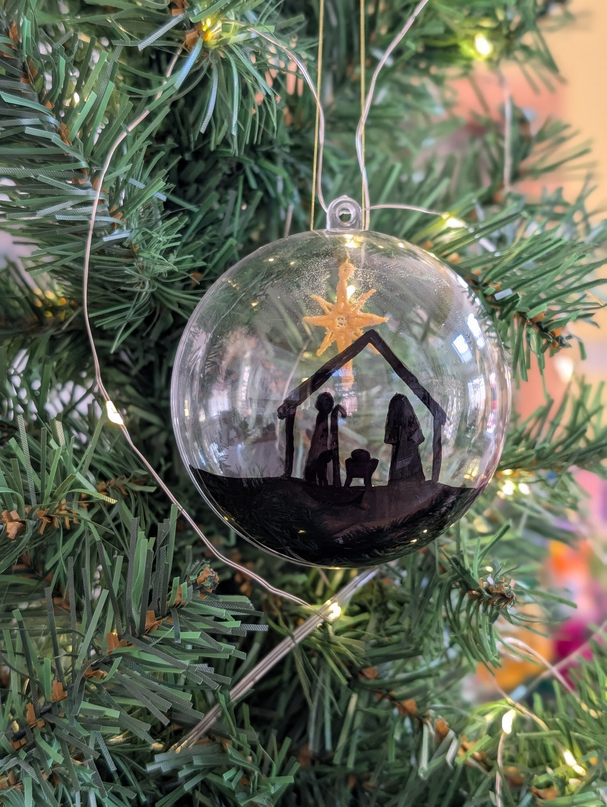 Hand painted Nativity Bauble Christmas Ornament, Holy Family & Wise Men Silhouette, Embroidered Gold Star of Bethlehem,