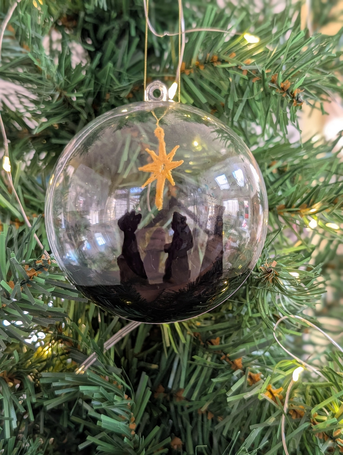 Hand painted Nativity Bauble Christmas Ornament, Holy Family & Wise Men Silhouette, Embroidered Gold Star of Bethlehem,