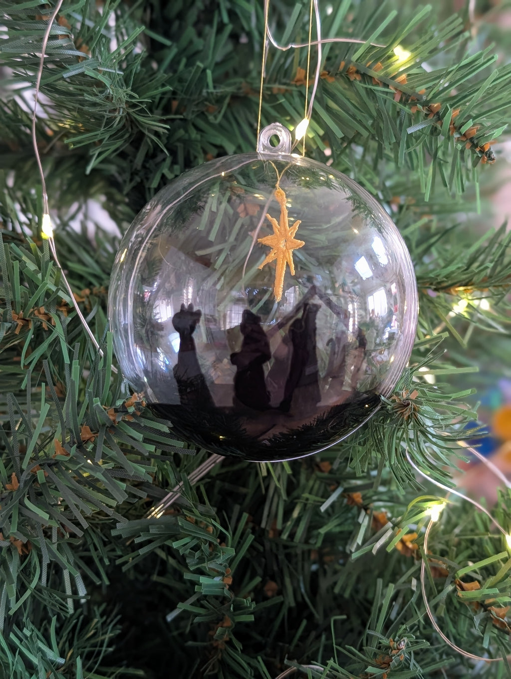 Hand painted Nativity Bauble Christmas Ornament, Holy Family & Wise Men Silhouette, Embroidered Gold Star of Bethlehem,