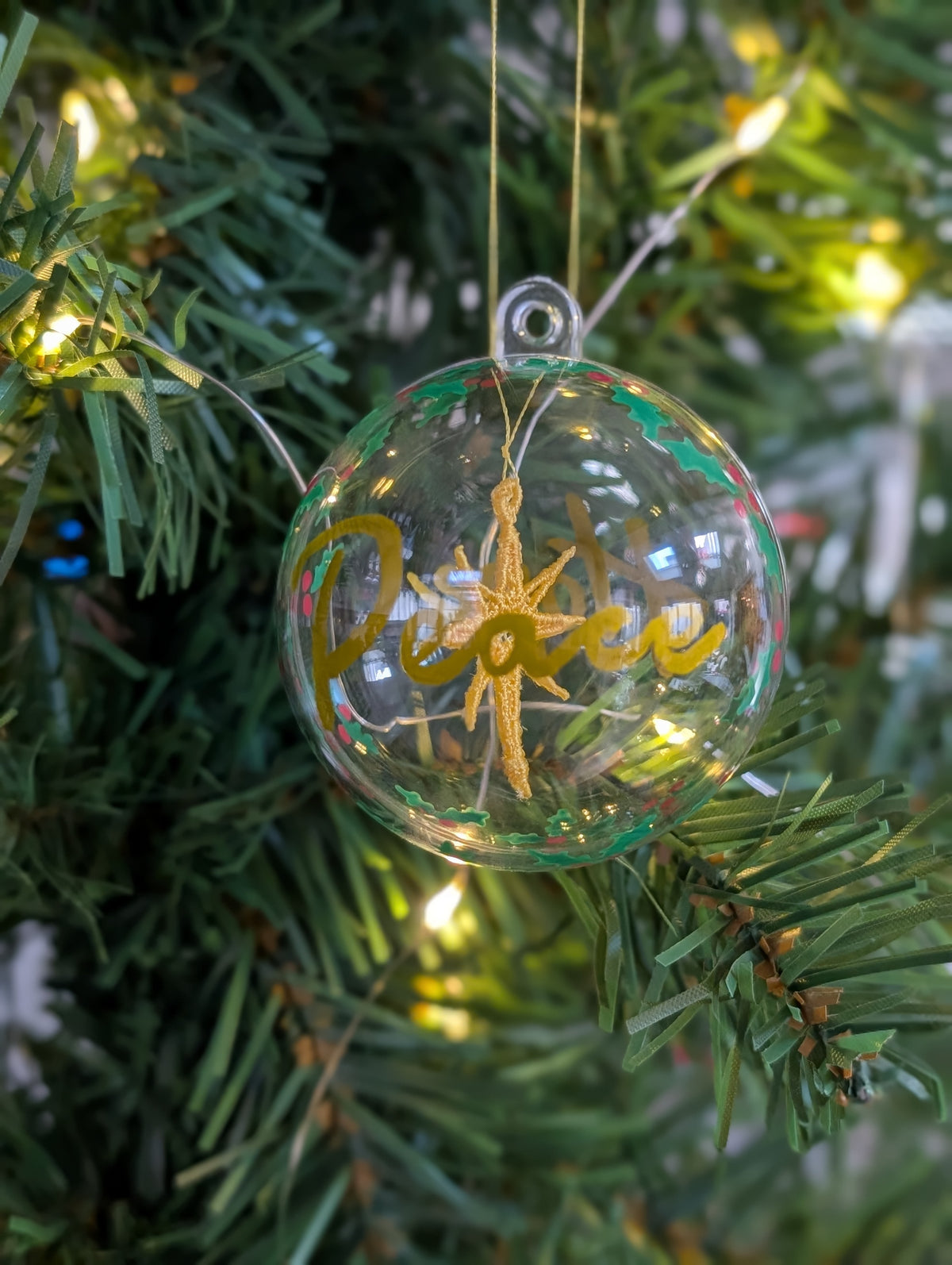 Peace & Hope Christmas Bauble, Floating Embroidered Gold Star Ornament, Hand Lettered Holiday Glass Decor, Christian Festive Keepsake Gift