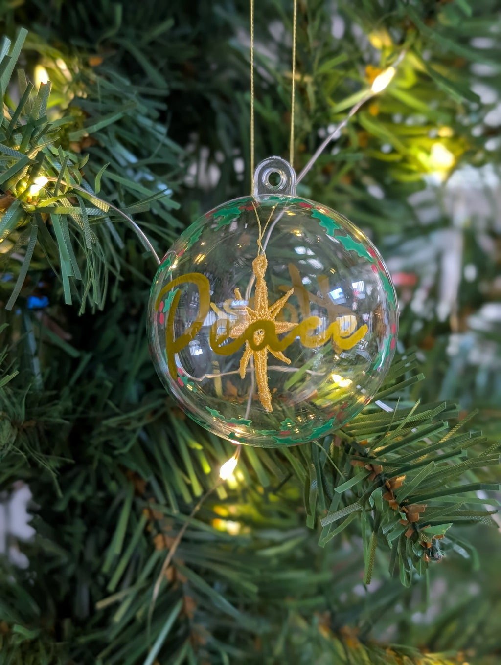 Peace & Hope Christmas Bauble, Floating Embroidered Gold Star Ornament, Hand Lettered Holiday Glass Decor, Christian Festive Keepsake Gift