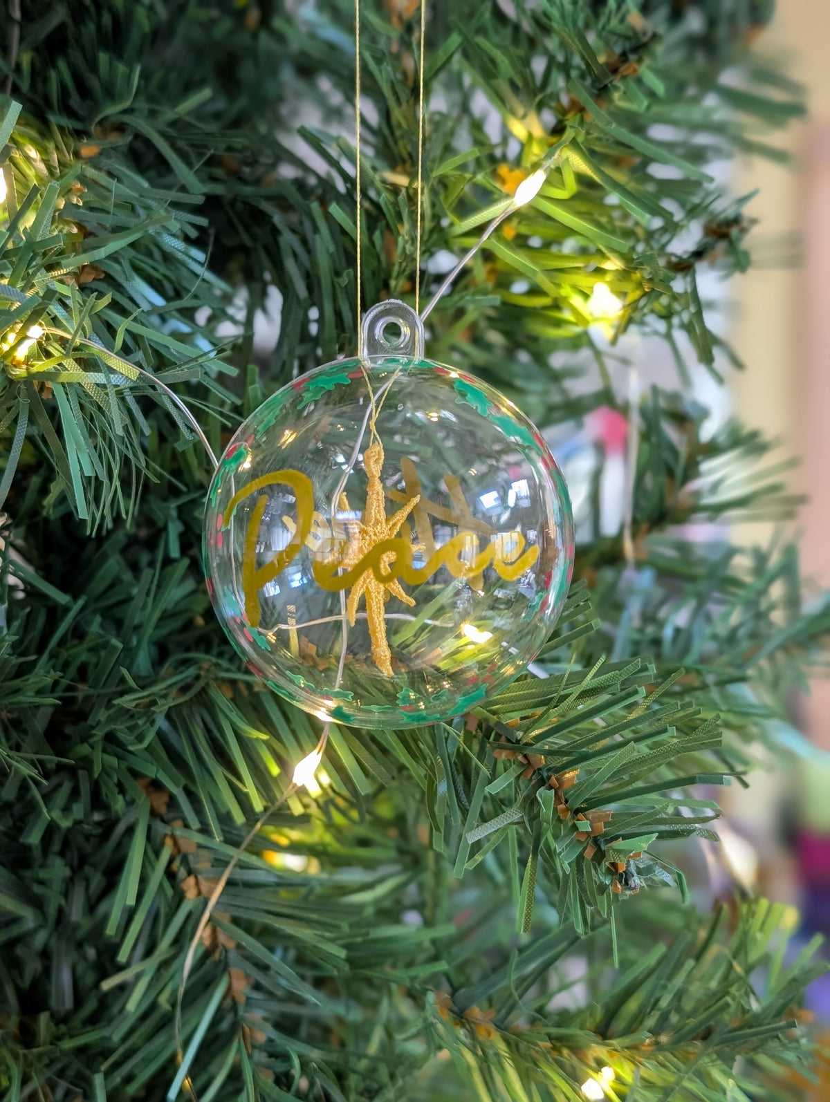 Peace & Hope Christmas Bauble, Floating Embroidered Gold Star Ornament, Hand Lettered Holiday Glass Decor, Christian Festive Keepsake Gift