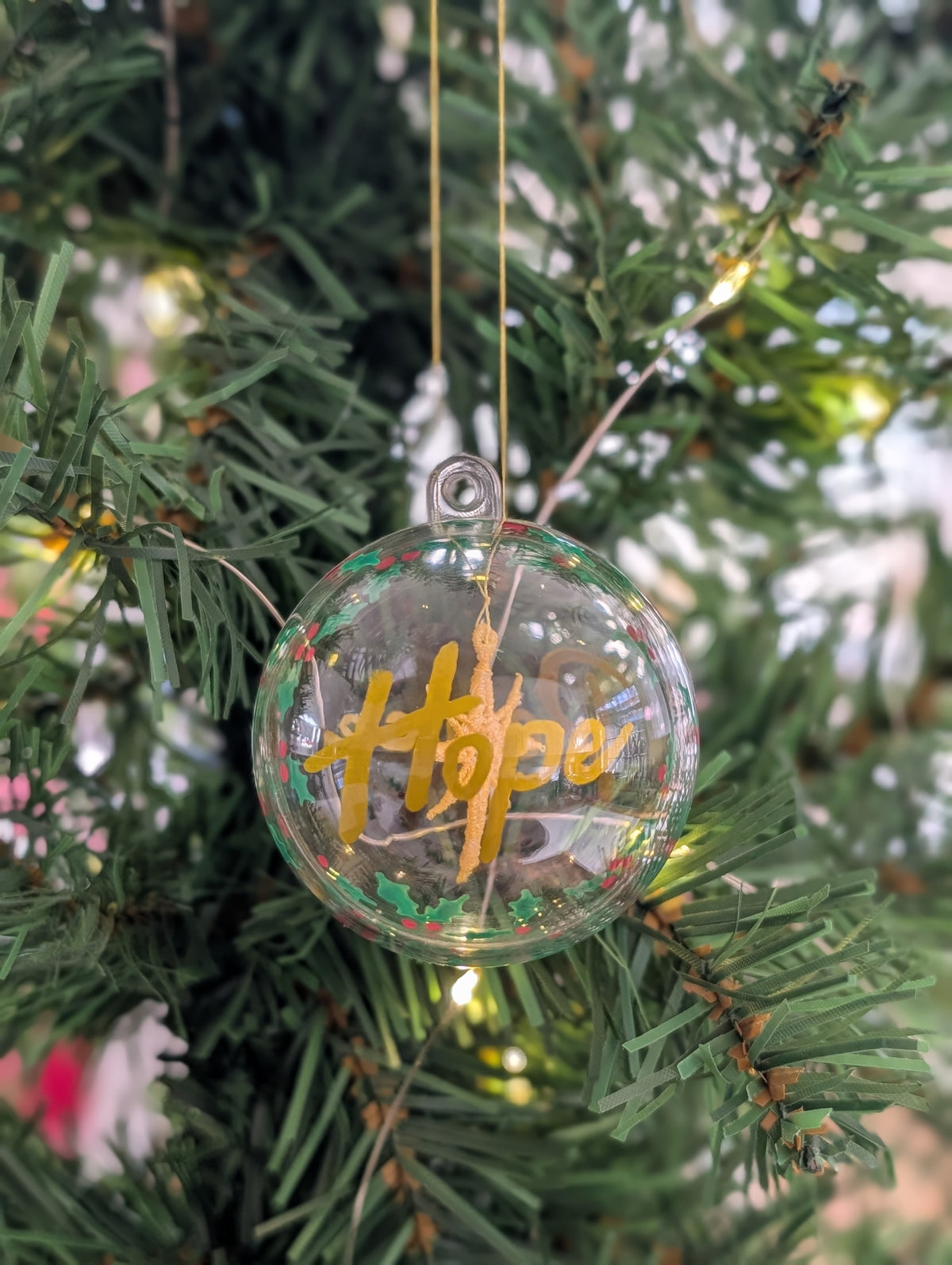 Peace & Hope Christmas Bauble, Floating Embroidered Gold Star Ornament, Hand Lettered Holiday Glass Decor, Christian Festive Keepsake Gift