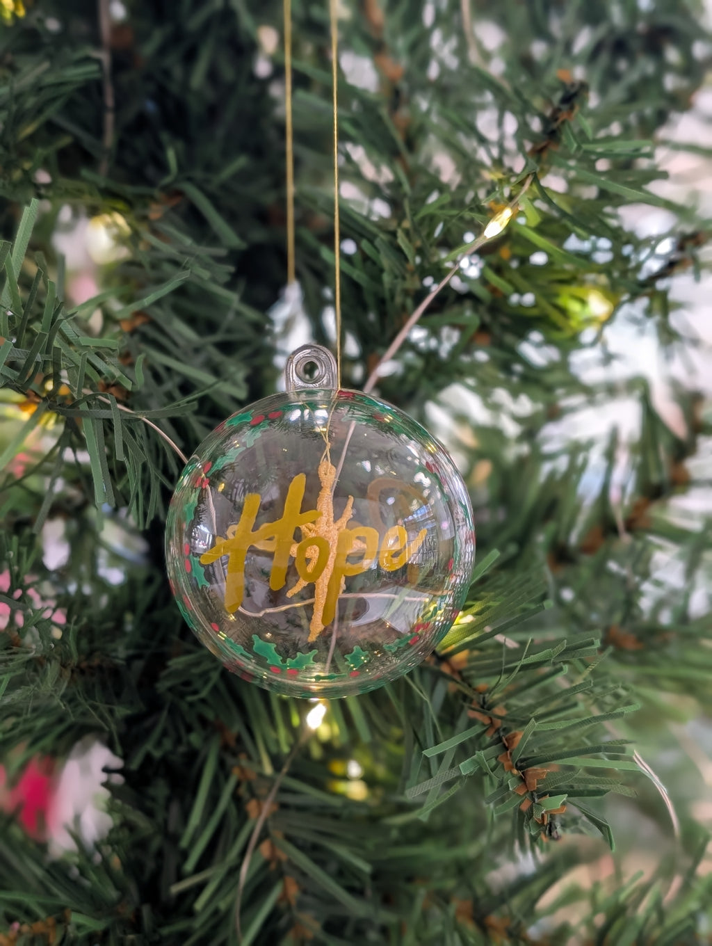 Peace & Hope Christmas Bauble, Floating Embroidered Gold Star Ornament, Hand Lettered Holiday Glass Decor, Christian Festive Keepsake Gift
