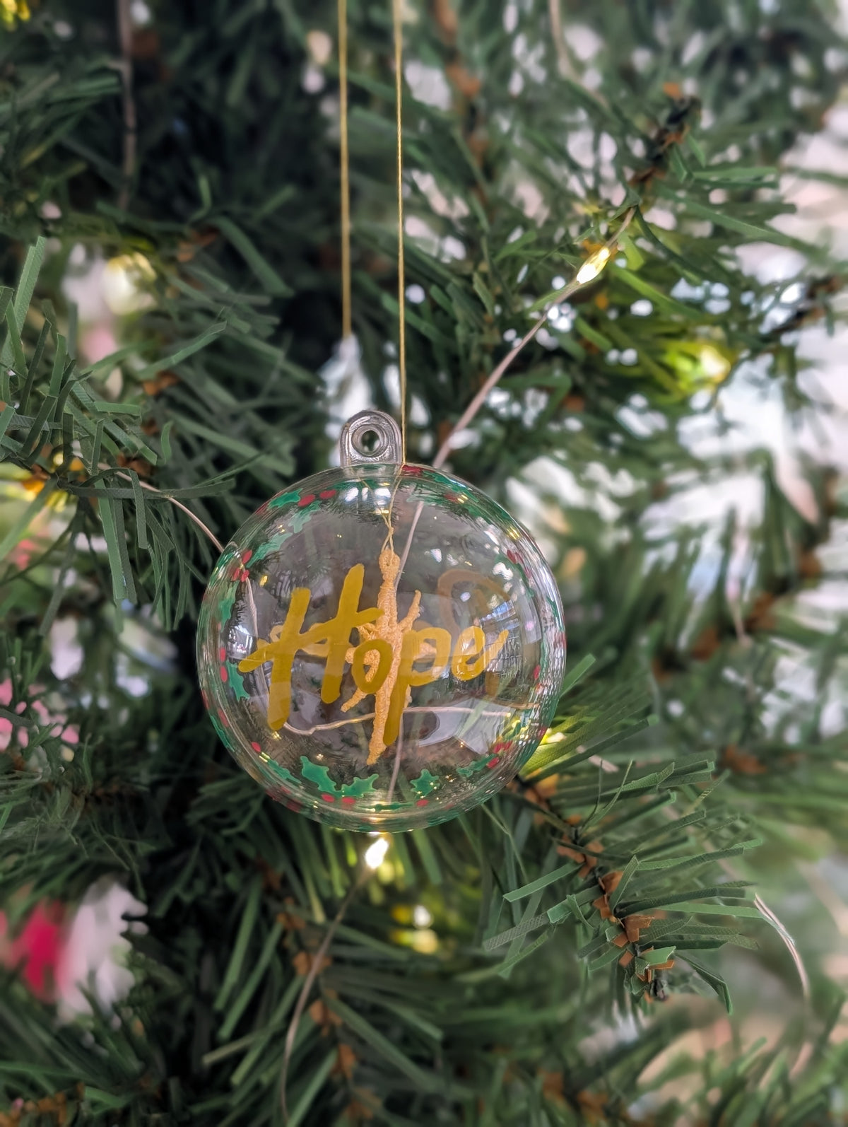 Peace & Hope Christmas Bauble, Floating Embroidered Gold Star Ornament, Hand Lettered Holiday Glass Decor, Christian Festive Keepsake Gift