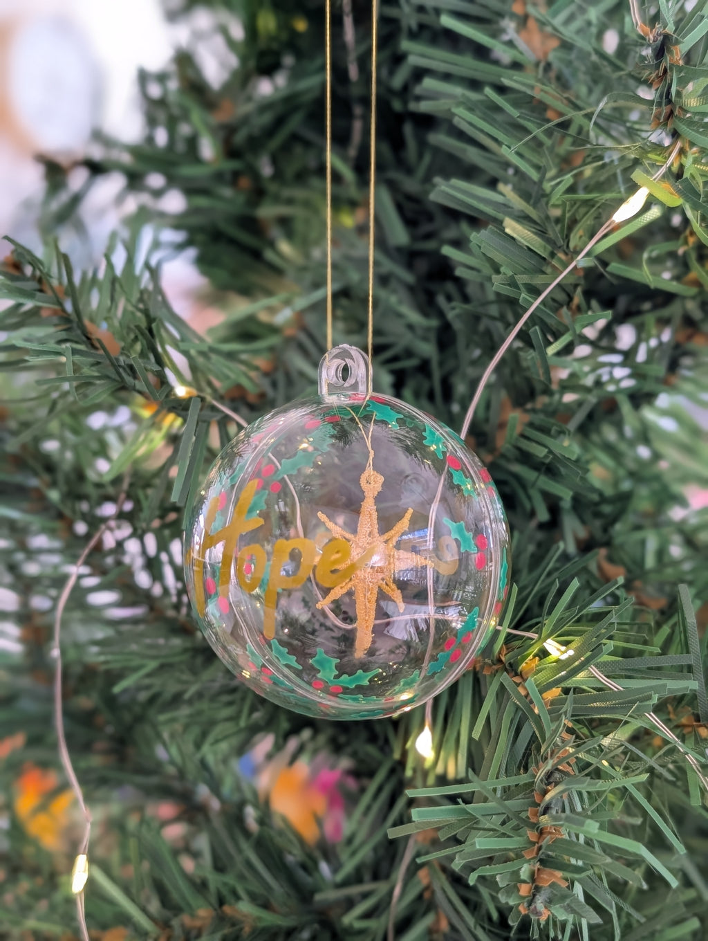 Peace & Hope Christmas Bauble, Floating Embroidered Gold Star Ornament, Hand Lettered Holiday Glass Decor, Christian Festive Keepsake Gift