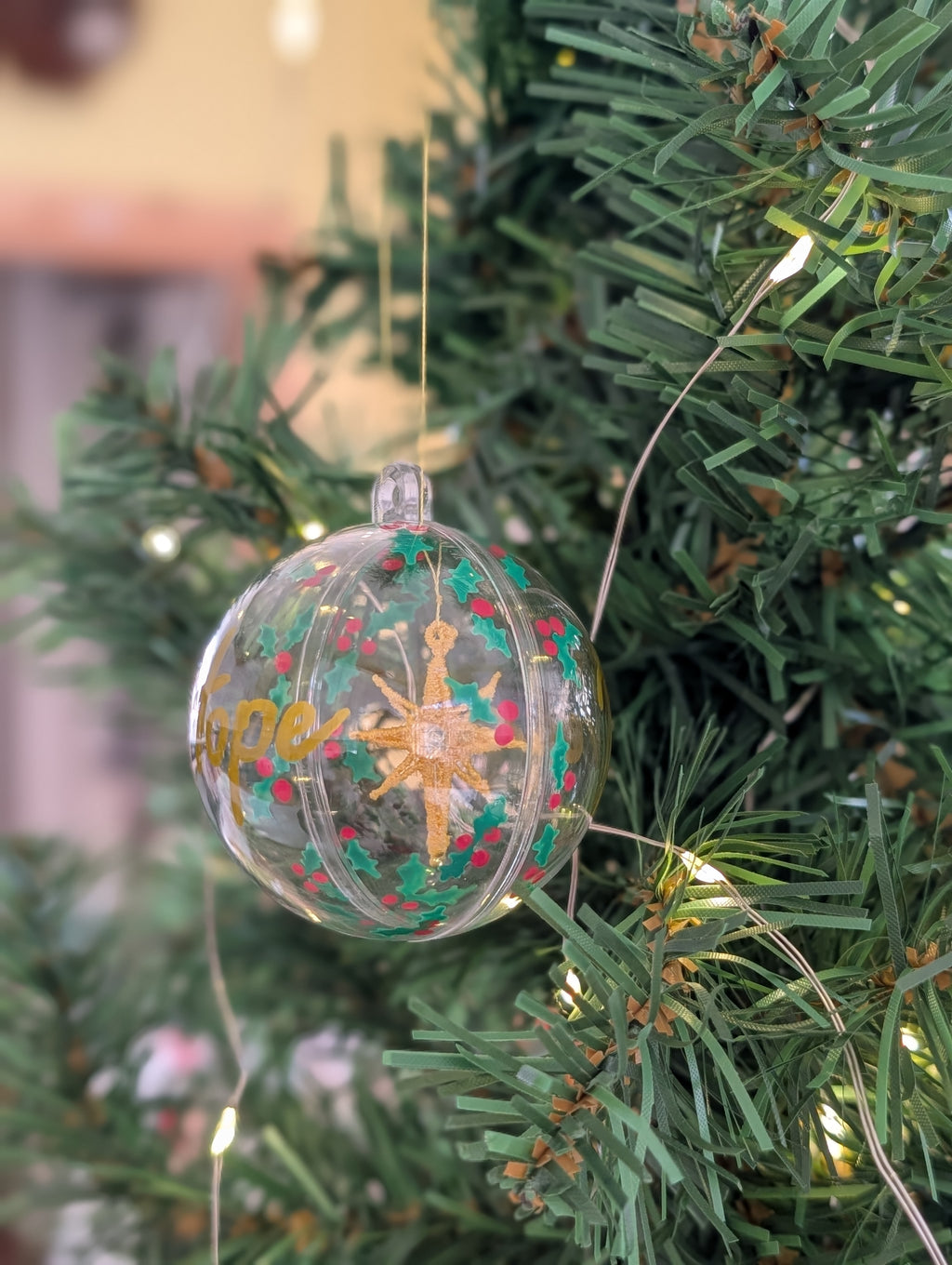 Peace & Hope Christmas Bauble, Floating Embroidered Gold Star Ornament, Hand Lettered Holiday Glass Decor, Christian Festive Keepsake Gift