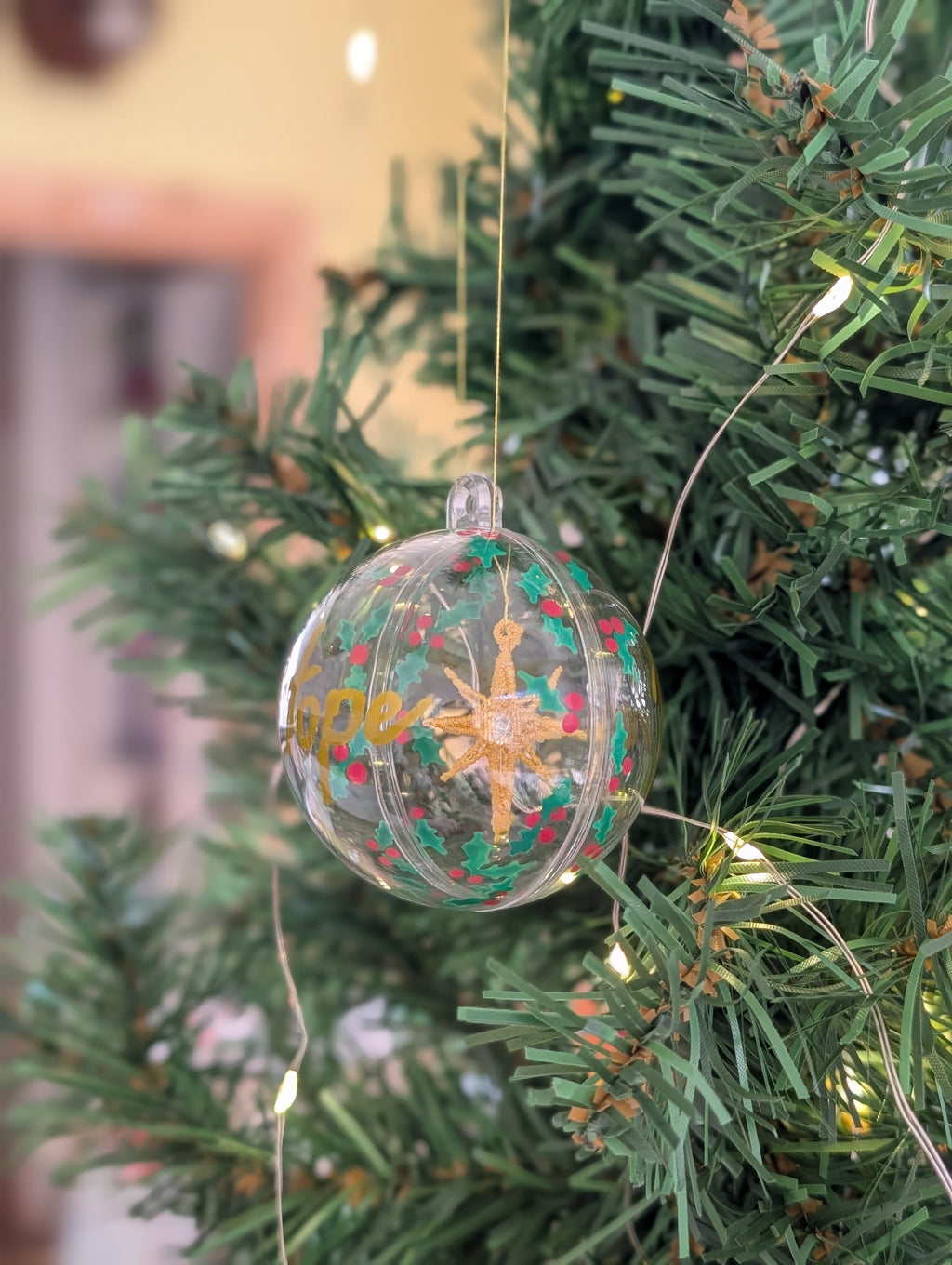Peace & Hope Christmas Bauble, Floating Embroidered Gold Star Ornament, Hand Lettered Holiday Glass Decor, Christian Festive Keepsake Gift