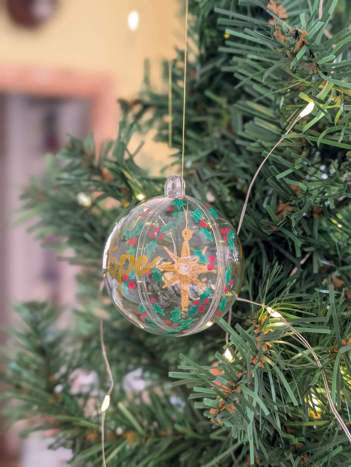 Peace & Hope Christmas Bauble, Floating Embroidered Gold Star Ornament, Hand Lettered Holiday Glass Decor, Christian Festive Keepsake Gift