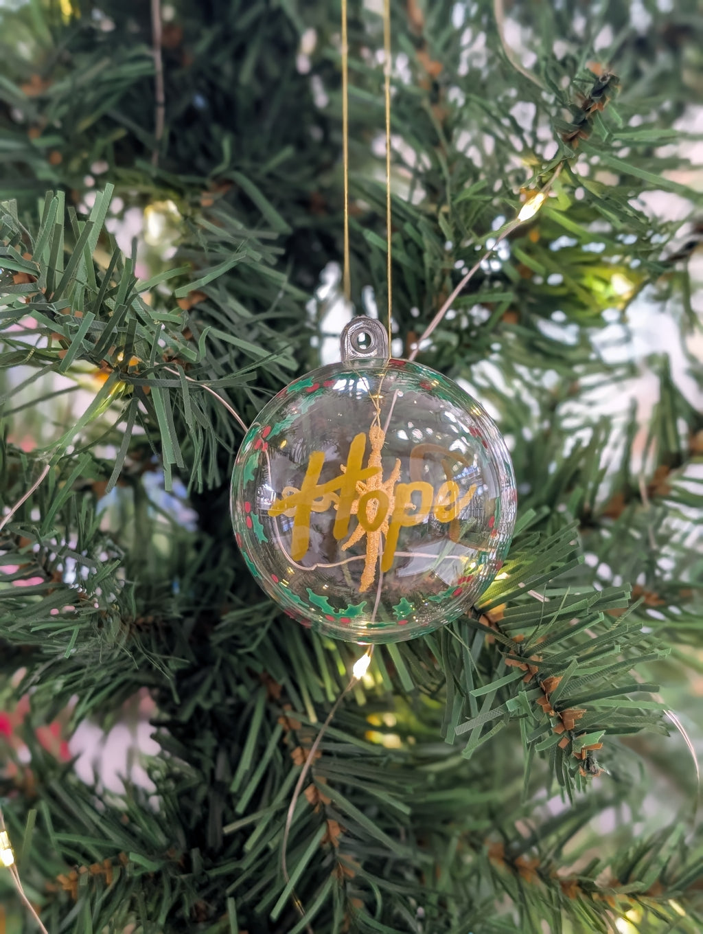 Peace & Hope Christmas Bauble, Floating Embroidered Gold Star Ornament, Hand Lettered Holiday Glass Decor, Christian Festive Keepsake Gift