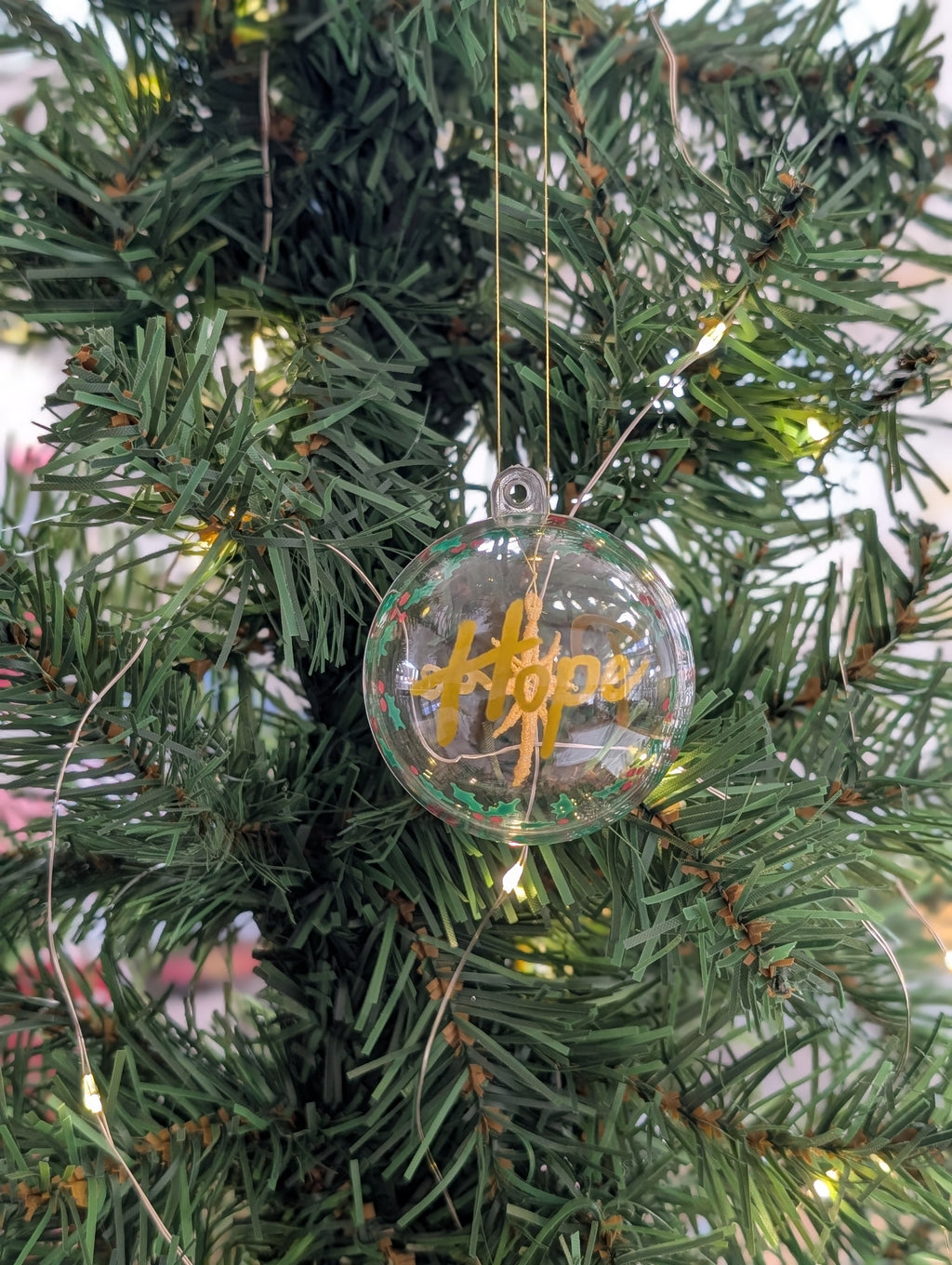 Peace & Hope Christmas Bauble, Floating Embroidered Gold Star Ornament, Hand Lettered Holiday Glass Decor, Christian Festive Keepsake Gift