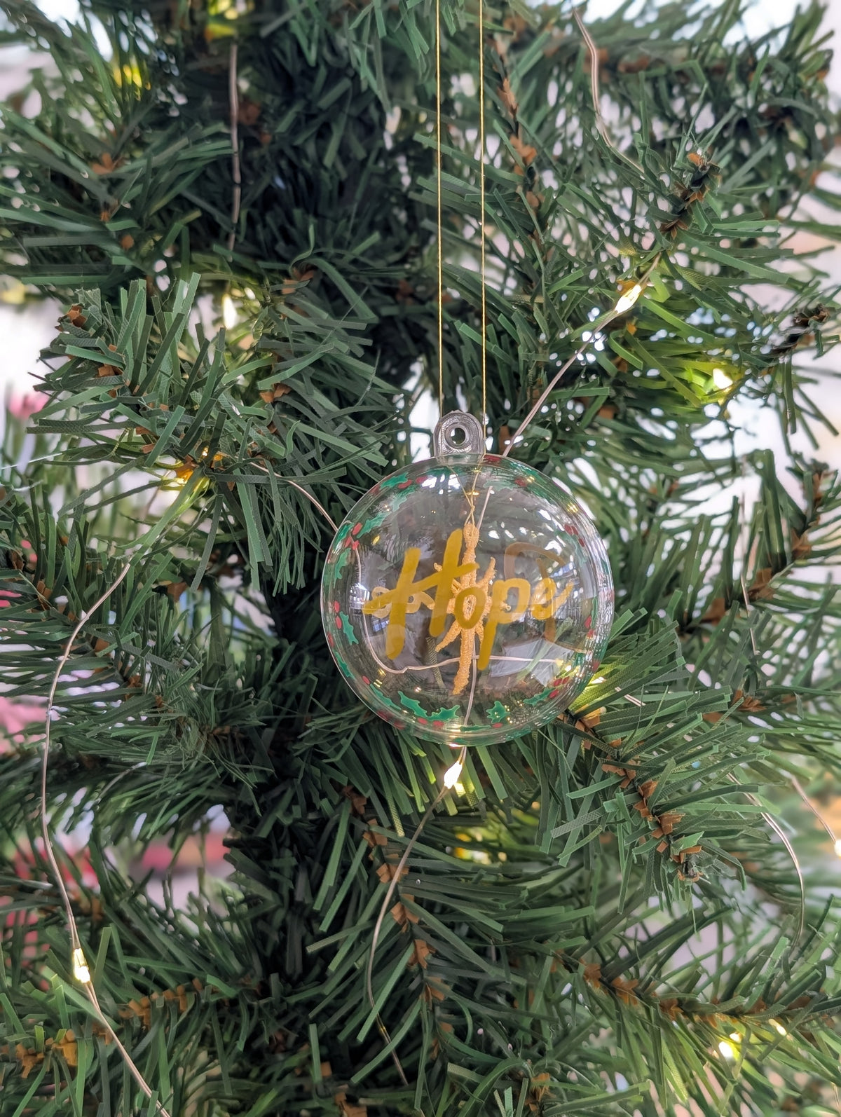 Peace & Hope Christmas Bauble, Floating Embroidered Gold Star Ornament, Hand Lettered Holiday Glass Decor, Christian Festive Keepsake Gift
