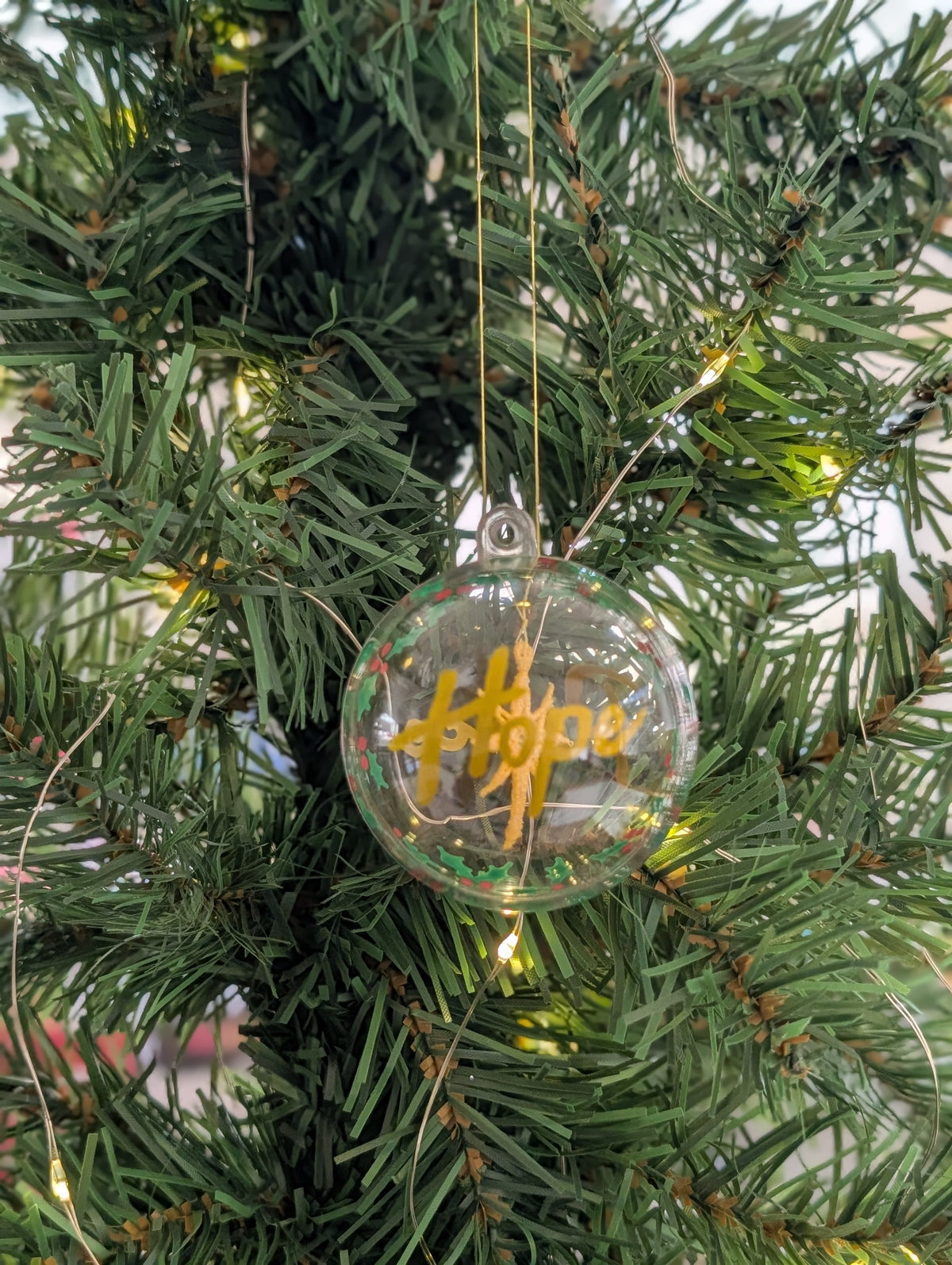 Peace & Hope Christmas Bauble, Floating Embroidered Gold Star Ornament, Hand Lettered Holiday Glass Decor, Christian Festive Keepsake Gift