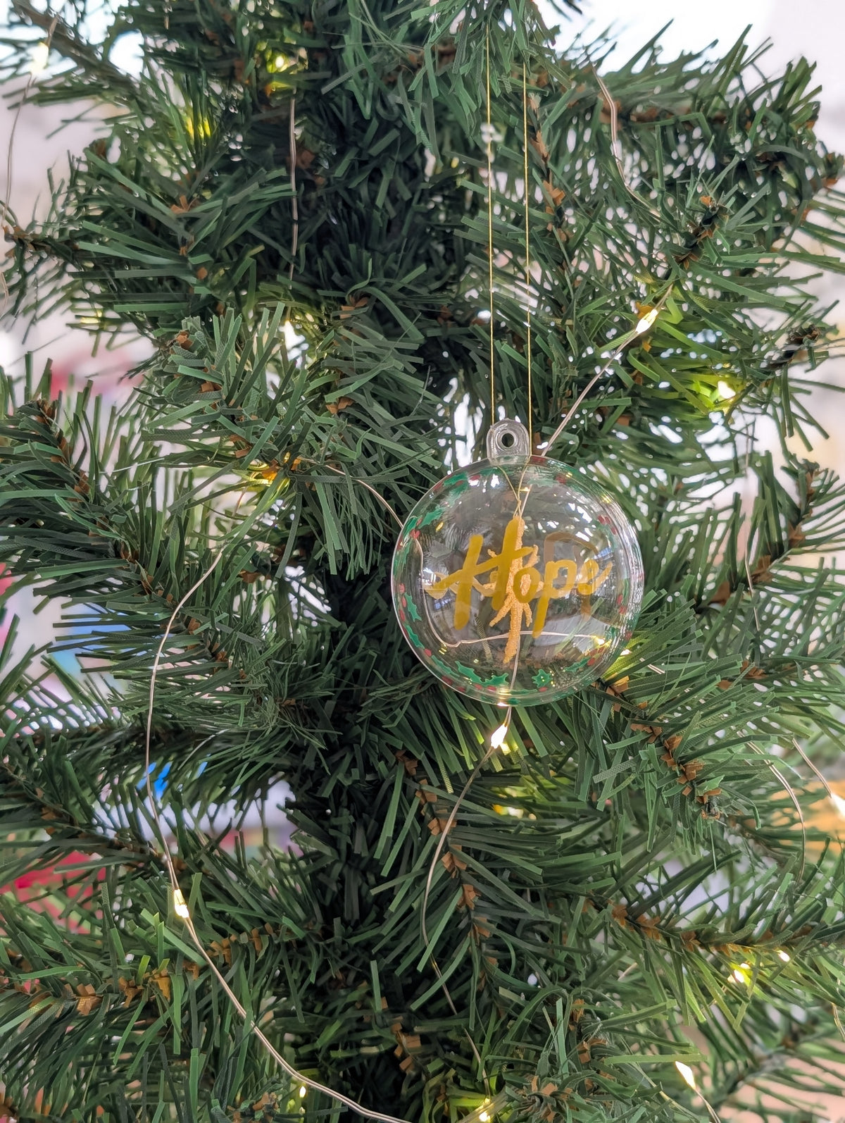 Peace & Hope Christmas Bauble, Floating Embroidered Gold Star Ornament, Hand Lettered Holiday Glass Decor, Christian Festive Keepsake Gift