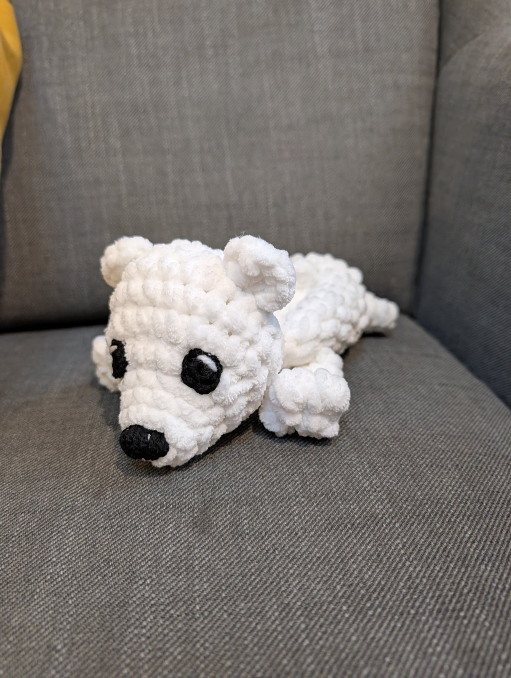 Crochet Polar Bear Plushie, Lying Down Chenille Bear Amigurumi, Cute Handmade Arctic Animal Toy