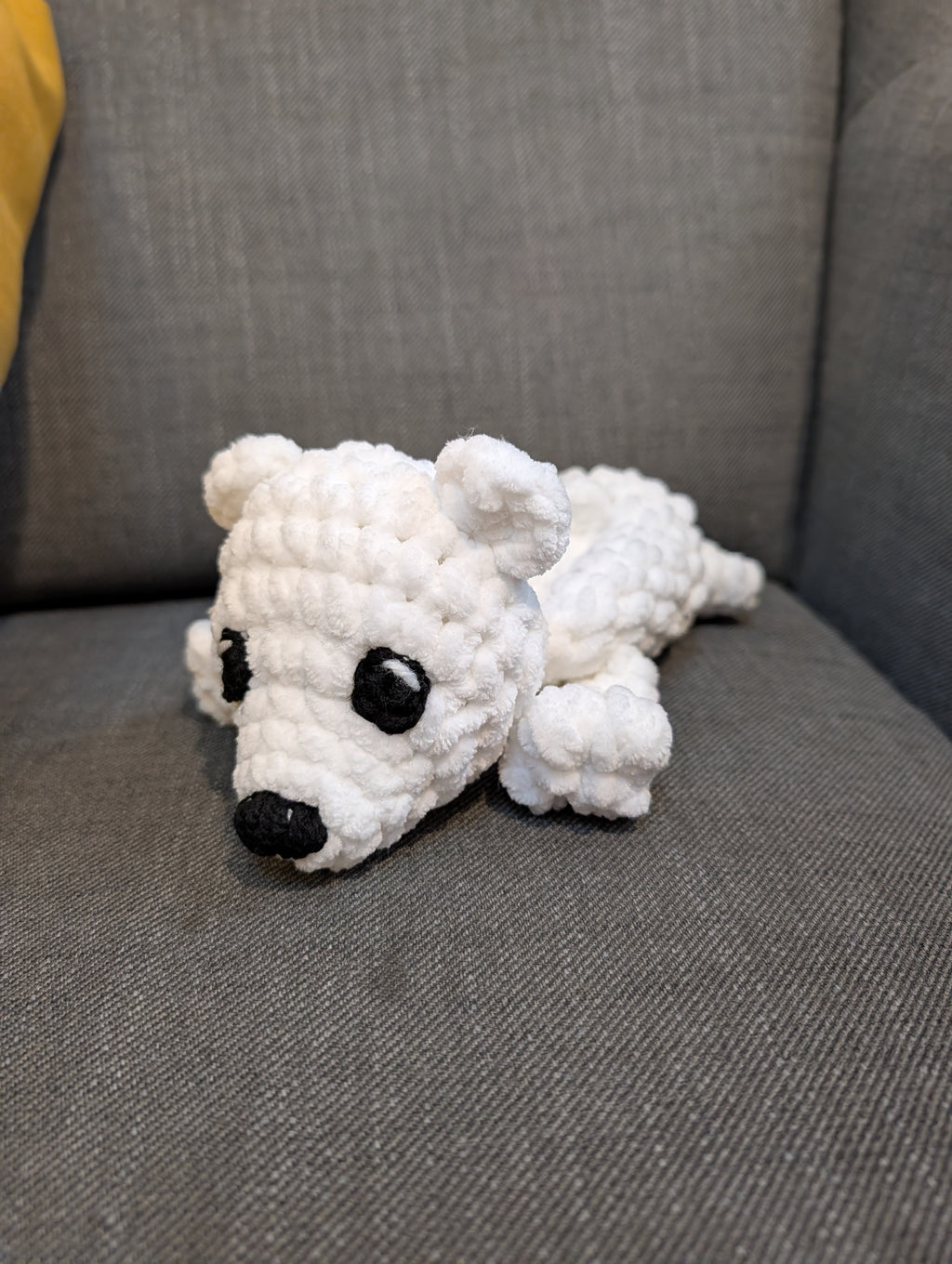 Crochet Polar Bear Plushie, Lying Down Chenille Bear Amigurumi, Cute Handmade Arctic Animal Toy
