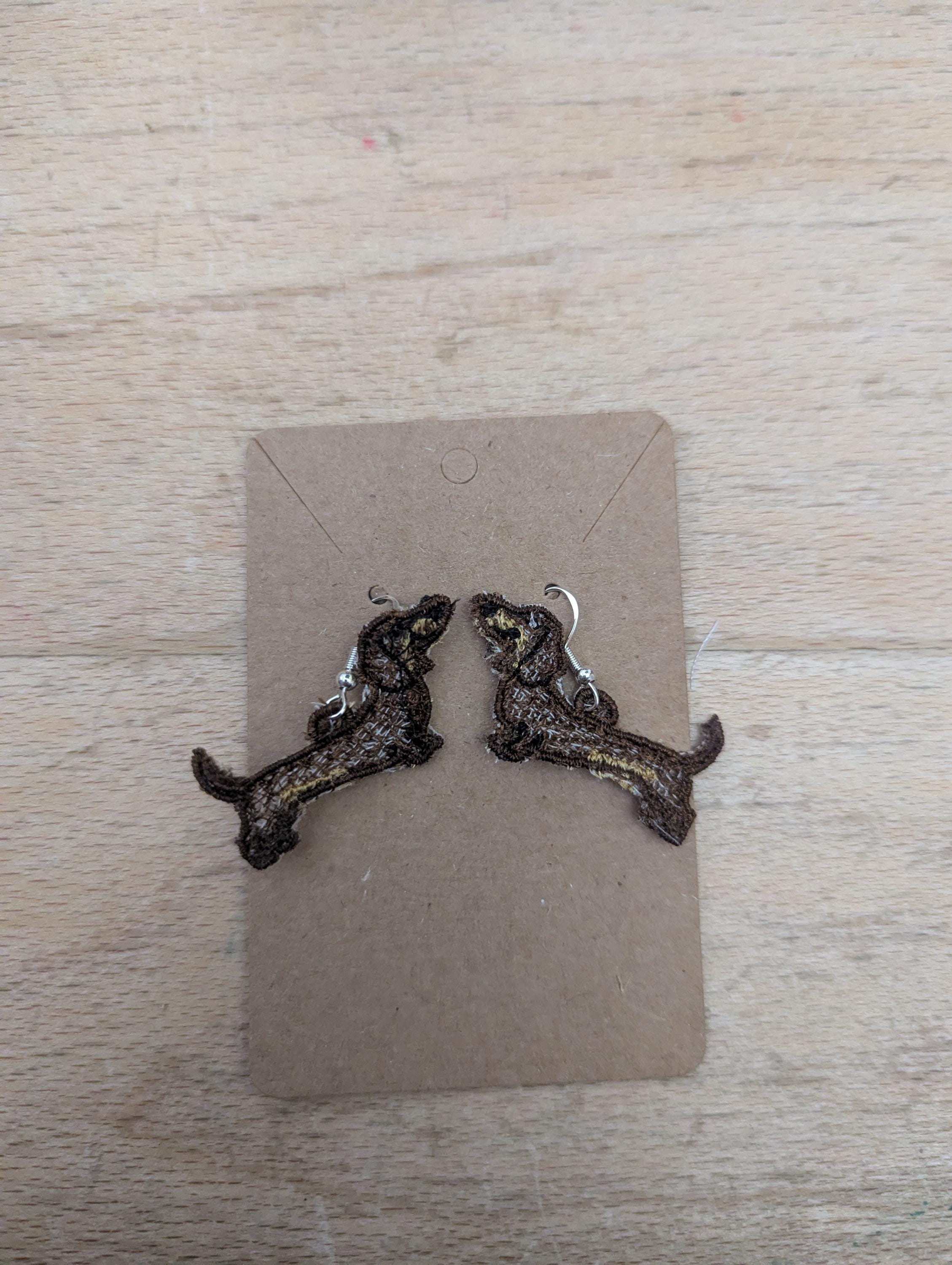 Embroidered Dachshund Earrings: Sausage Dog Dangle Jewelry