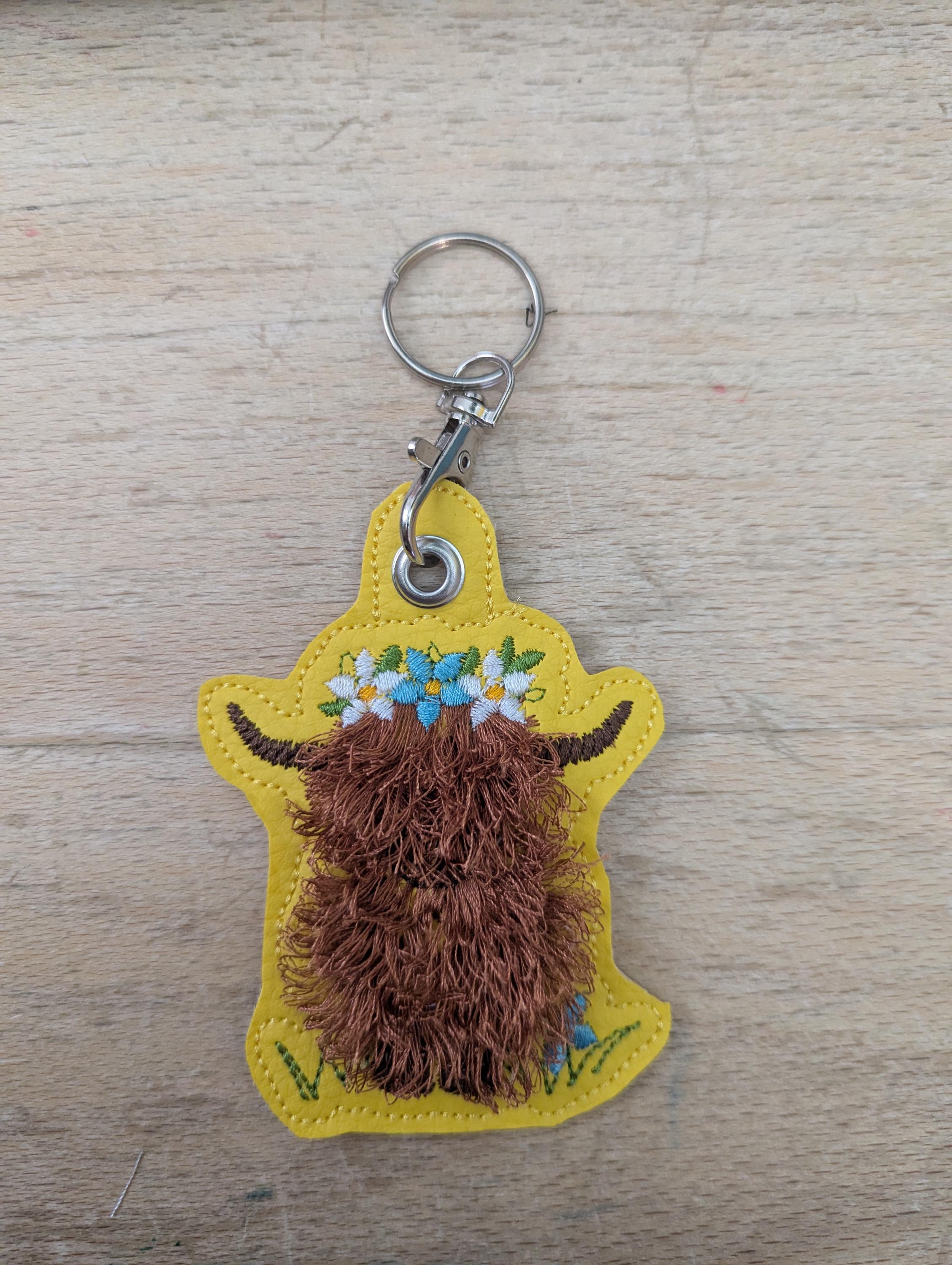 Highland cow keychain, machine embroidered keyring