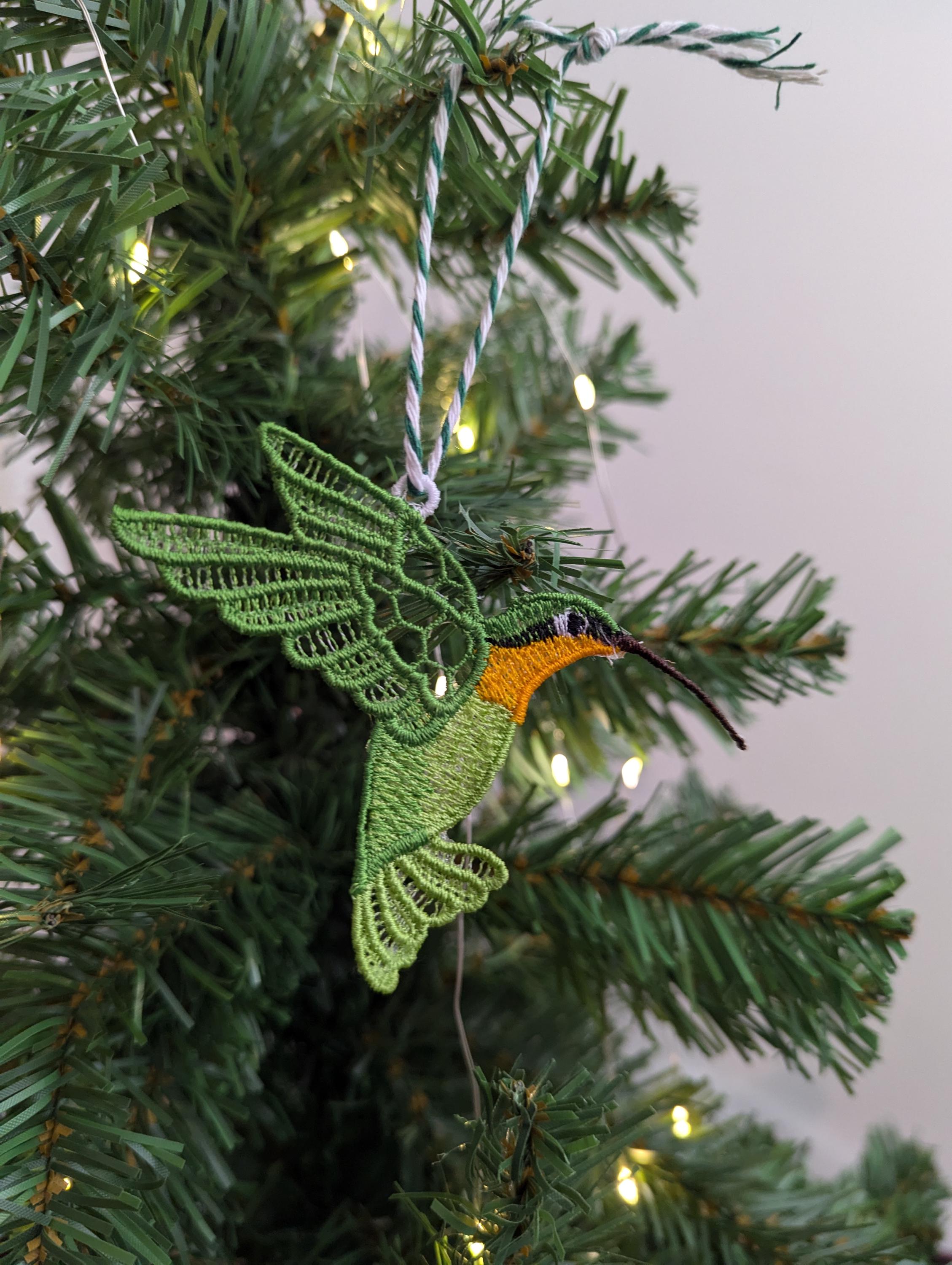 Lace Hummingbird Ornament: Machine Embroidery, Colorful Tree Decoration