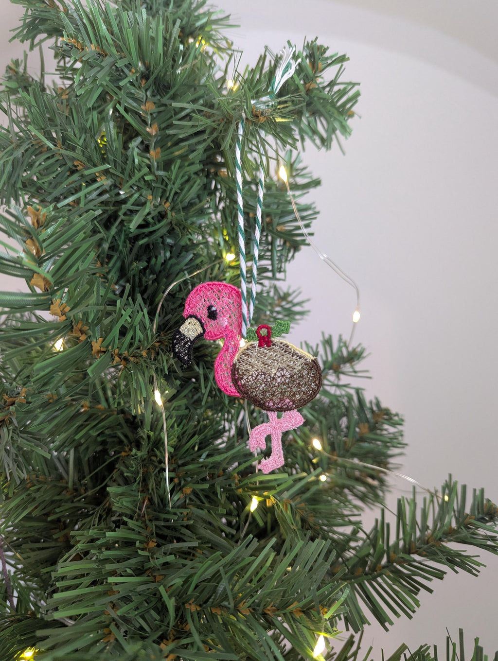 Embroidered hanging Flamingo Christmas decorations, machine embroidery