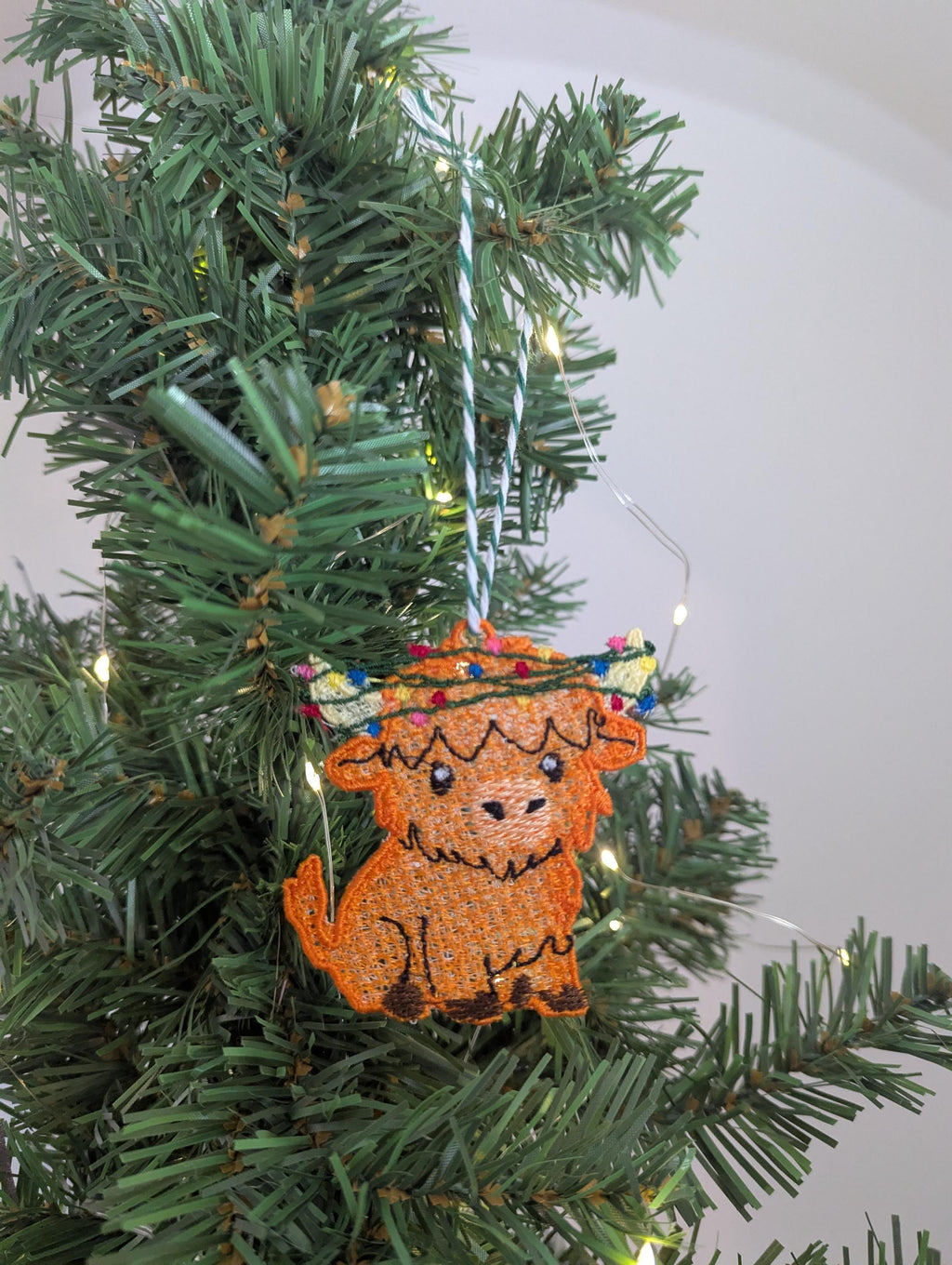 Embroidered hanging Highland cow Christmas decorations, machine embroidery