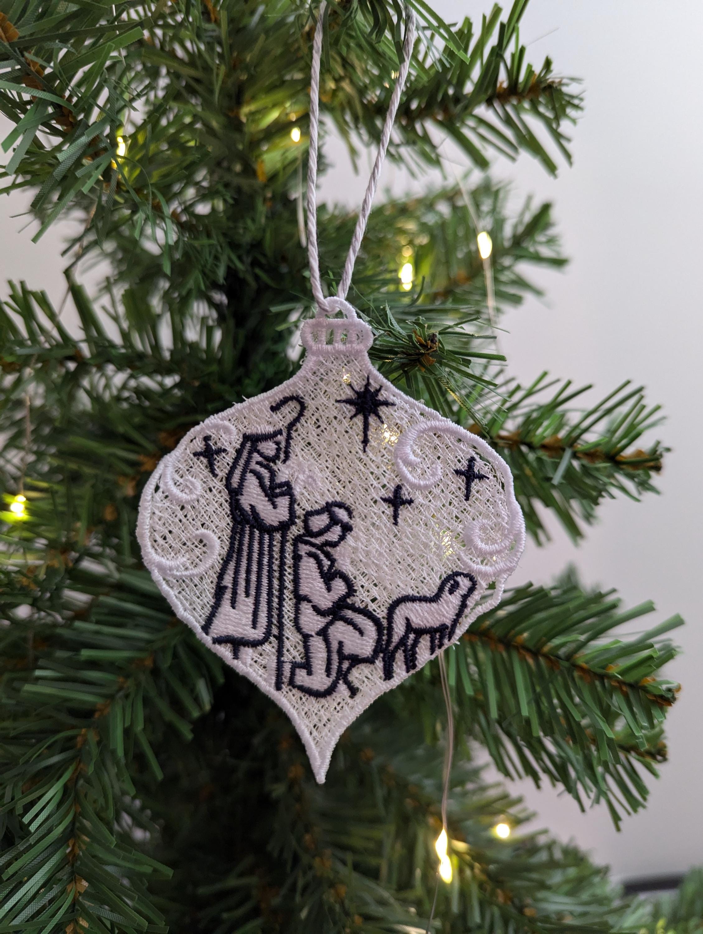 Hanging nativity decoration, machine embroidery, first Christmas