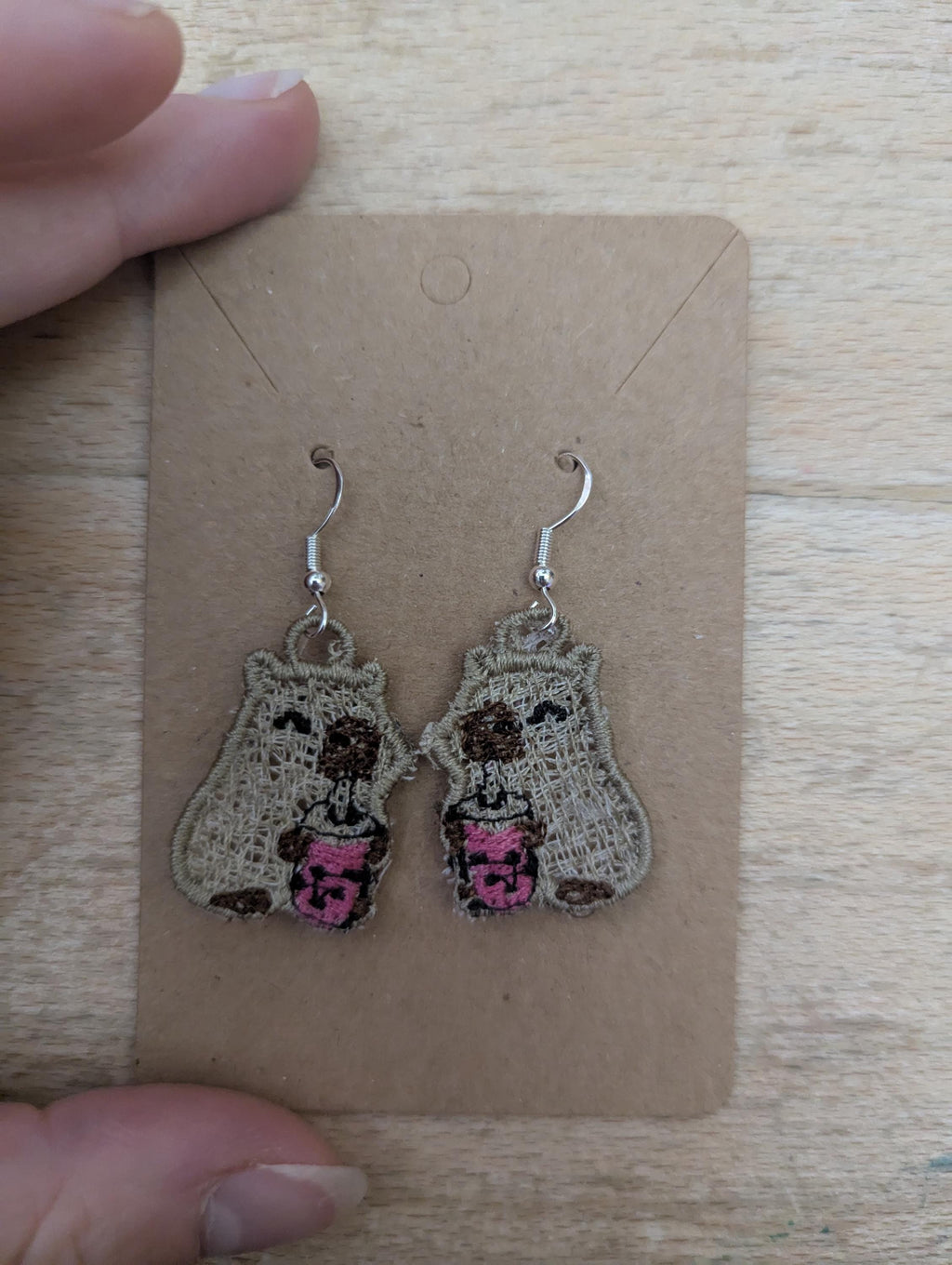 Embroidered Capybara Bubble Tea Earrings: Sterling Silver Hooks